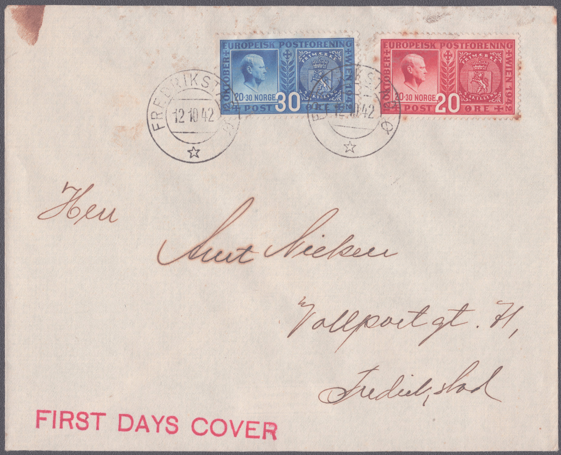 FDC 1942 NK309-NK310 stempelvignett 8 Fredrikstad