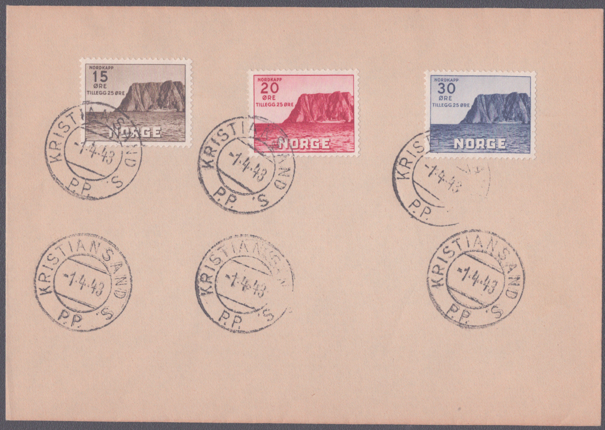 FDC 1943 NK311-NK313 Kristiansand