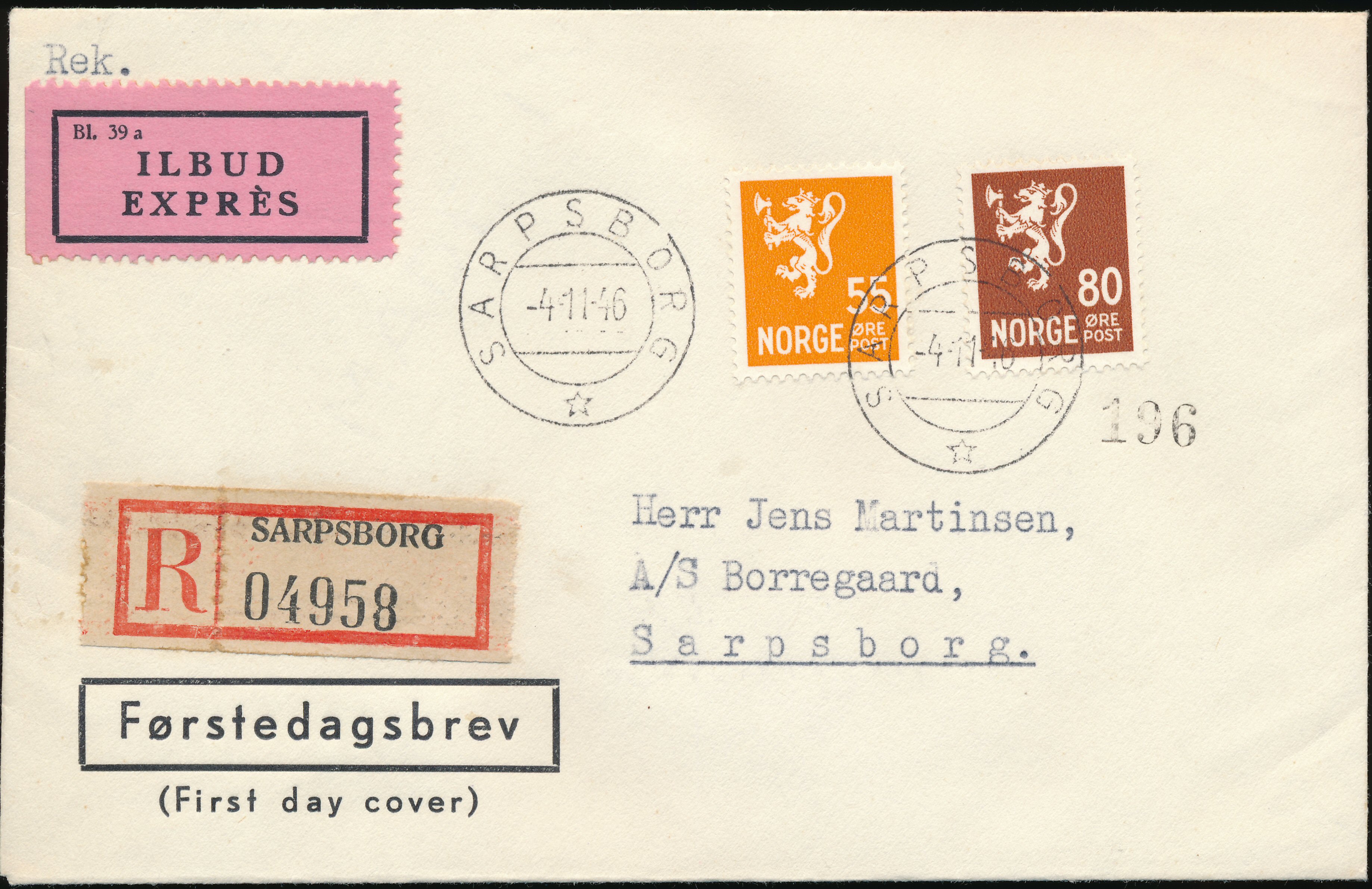 FDC 1946 NK357-NK358 tekstvignett 4 Sarpsborg REK