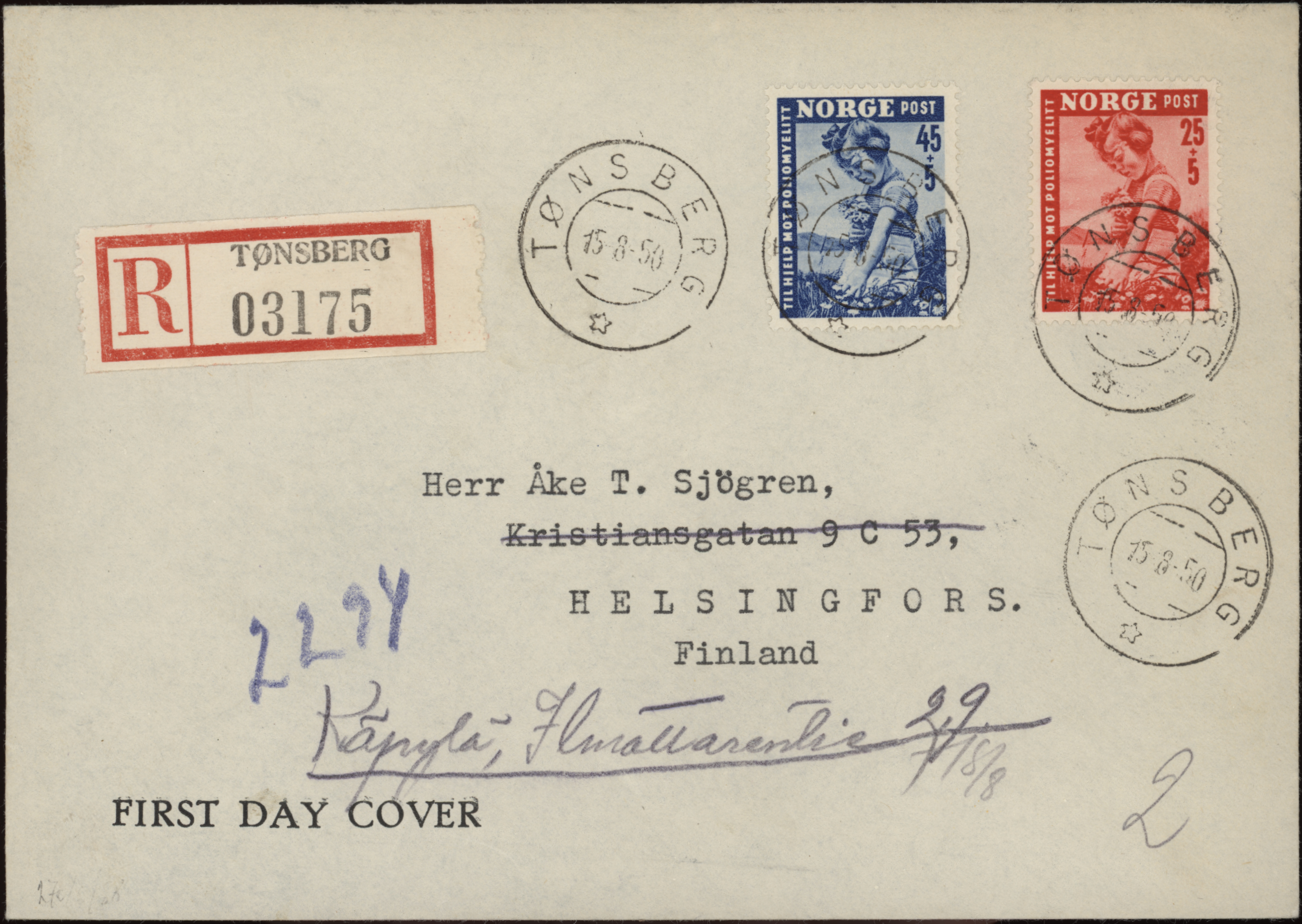FDC 1950 NK386-NK387 stempelvignett 11 Tønsberg REK