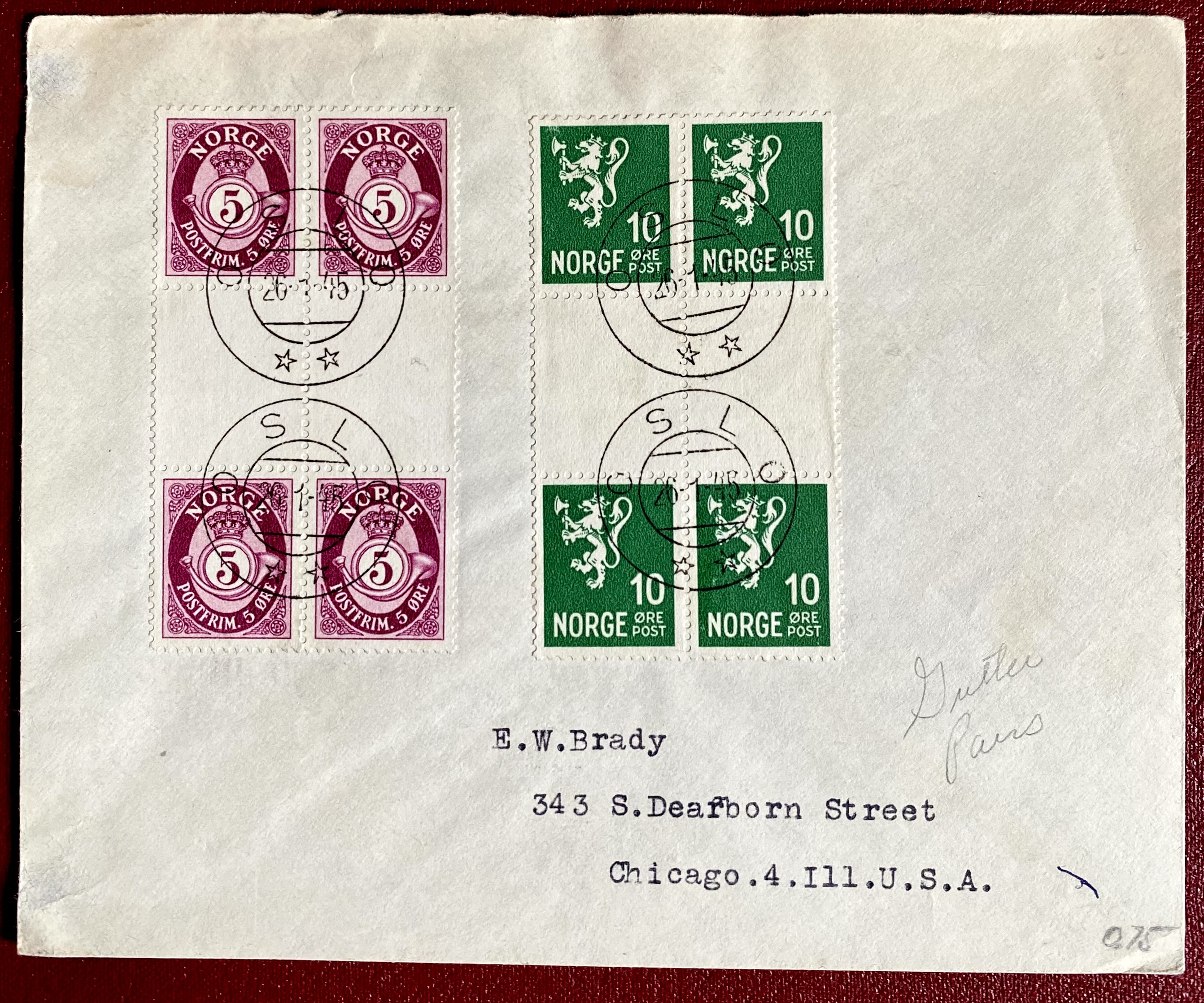Brev Gutter Pair NK 240/242 St Oslo 26-1-45 Adr Chicago U.S.A.