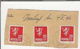 3 X 20 ØRES POSTHORN 1937 POSTKLIPP