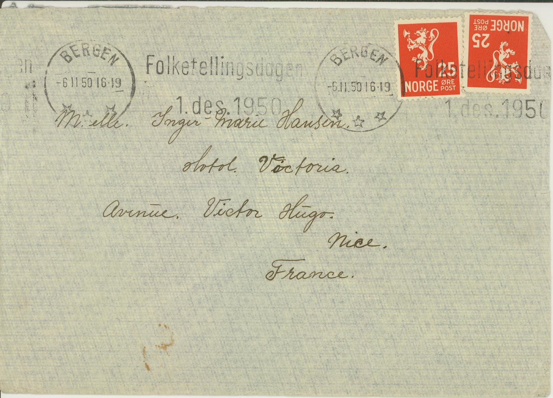 NK 205 x 2 på brev stemplet med tekstmaskinstempel, BERGEN / *** / -5.11.50 16-19