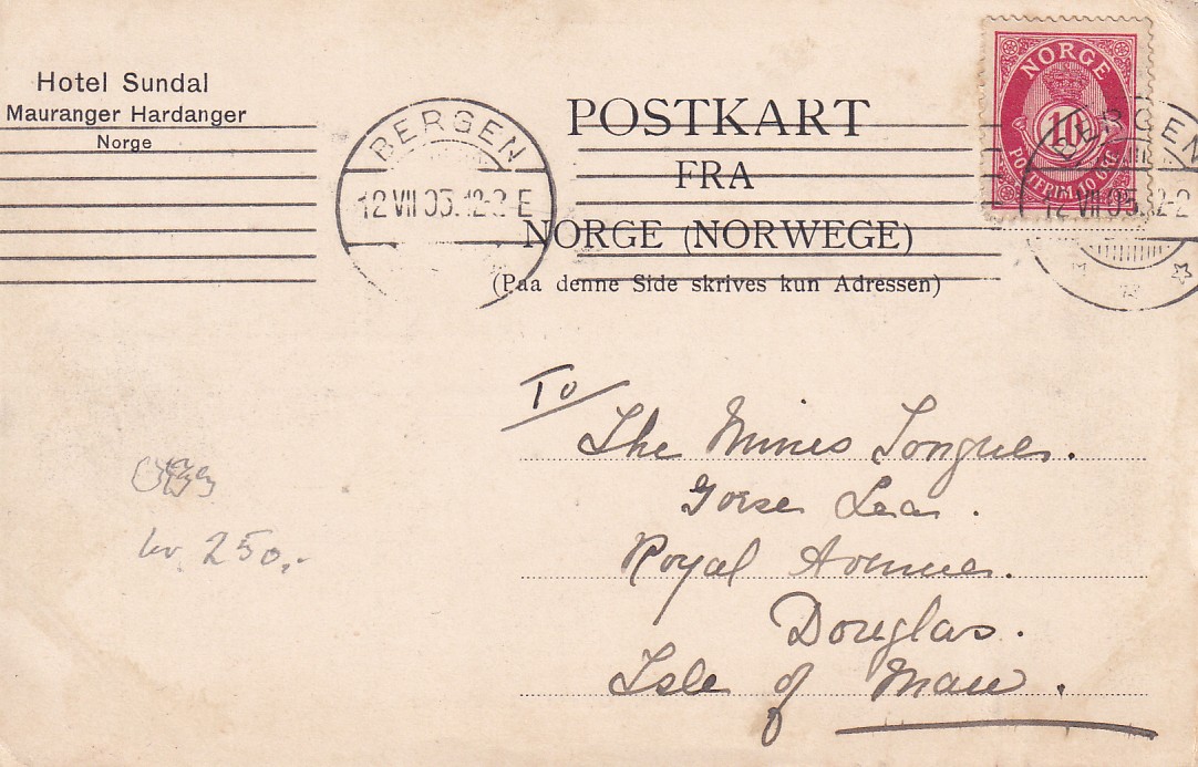 Kort sendt til Douglas, Isle of Man fra BERGEN 12.VII.1905