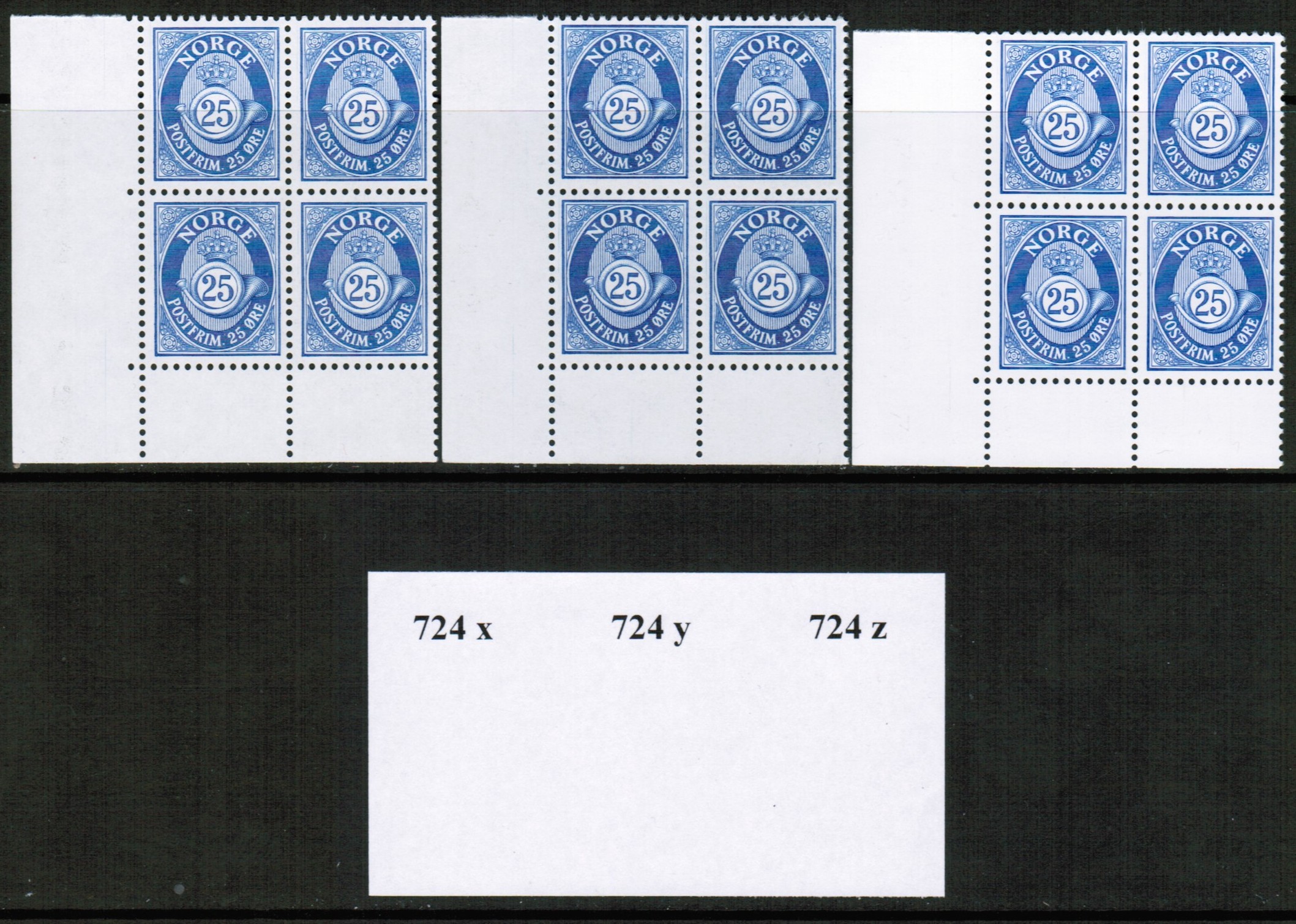 NK724 ** i 4-blokker komplett sett med alle papirtypene x (Bo3), y (Bu3) og z (Hs2-G).