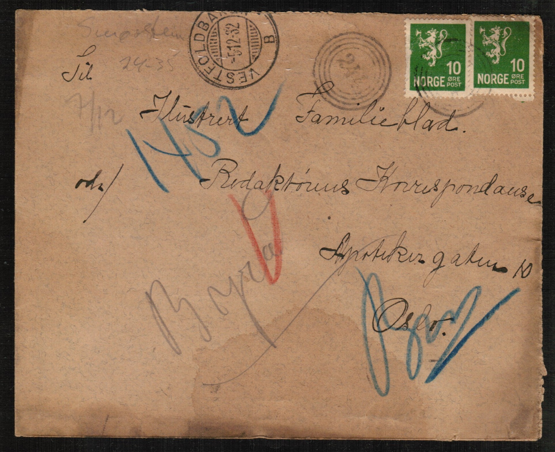 4-ring 244.3 = Smørstein (Botne,Ve,7) + Vestfoldbanen B 5-12-32 på brev