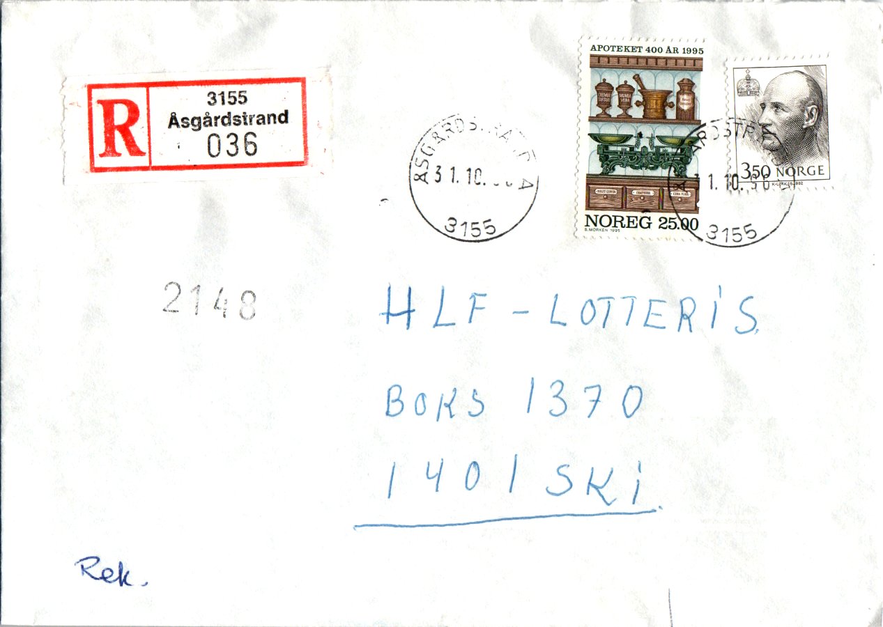 Åsgårdstrand A 31-10-96 på rek.brev
