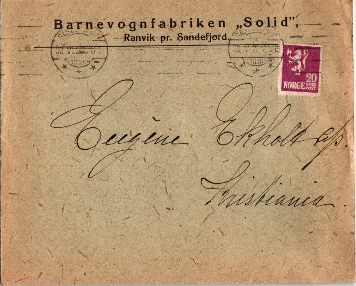Sandefjord 30-VI-22 på firmakonv Barnevognfabriken "Solid"