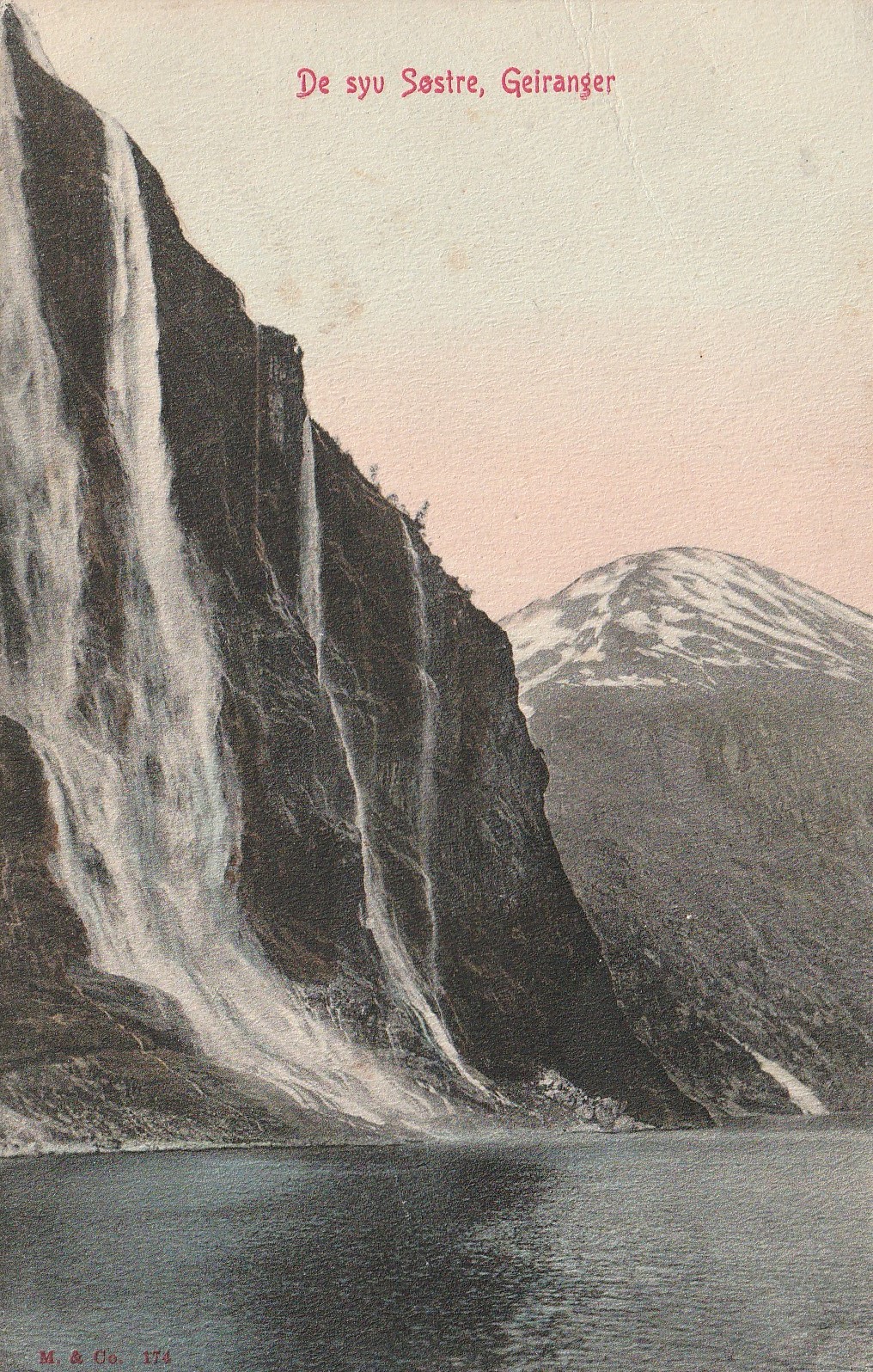 Gammelt Brevkort : De syv Søstre , Geiranger. M &Co 174 Pst Små