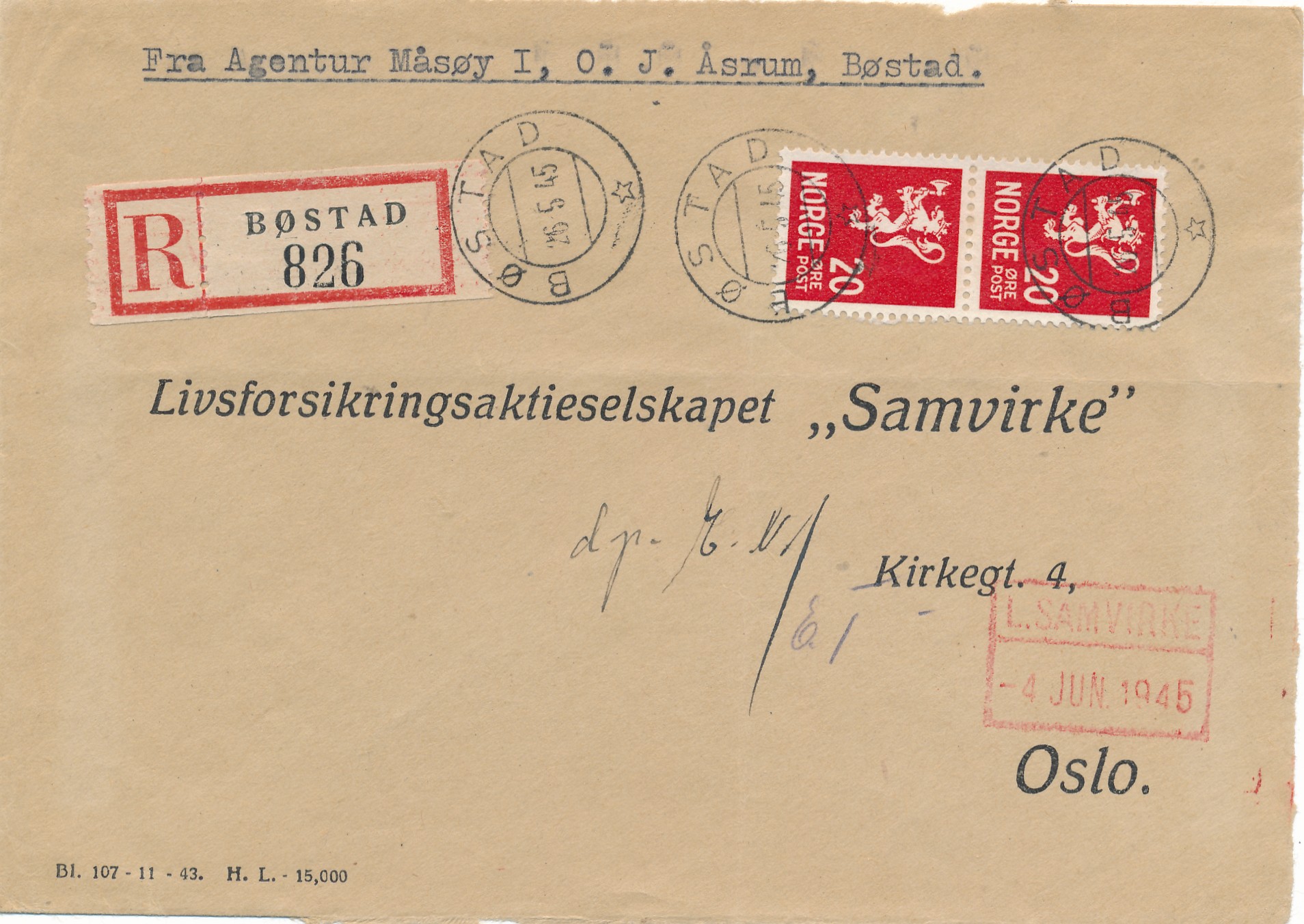 BØSTAD 1945 - Rek.brevforside til Oslo