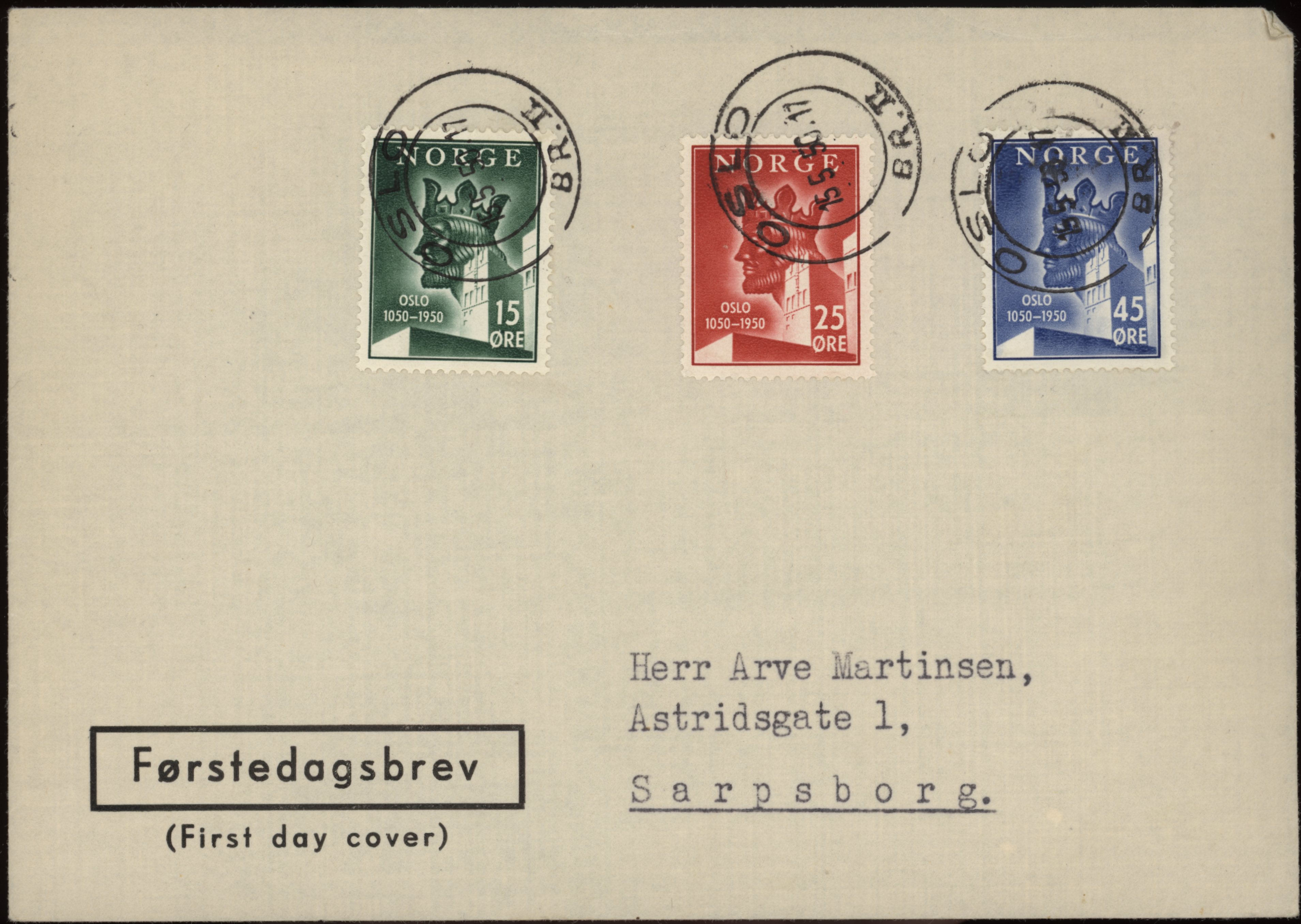 FDC 1950 NK383-NK385 tekstvignett 1 Oslo