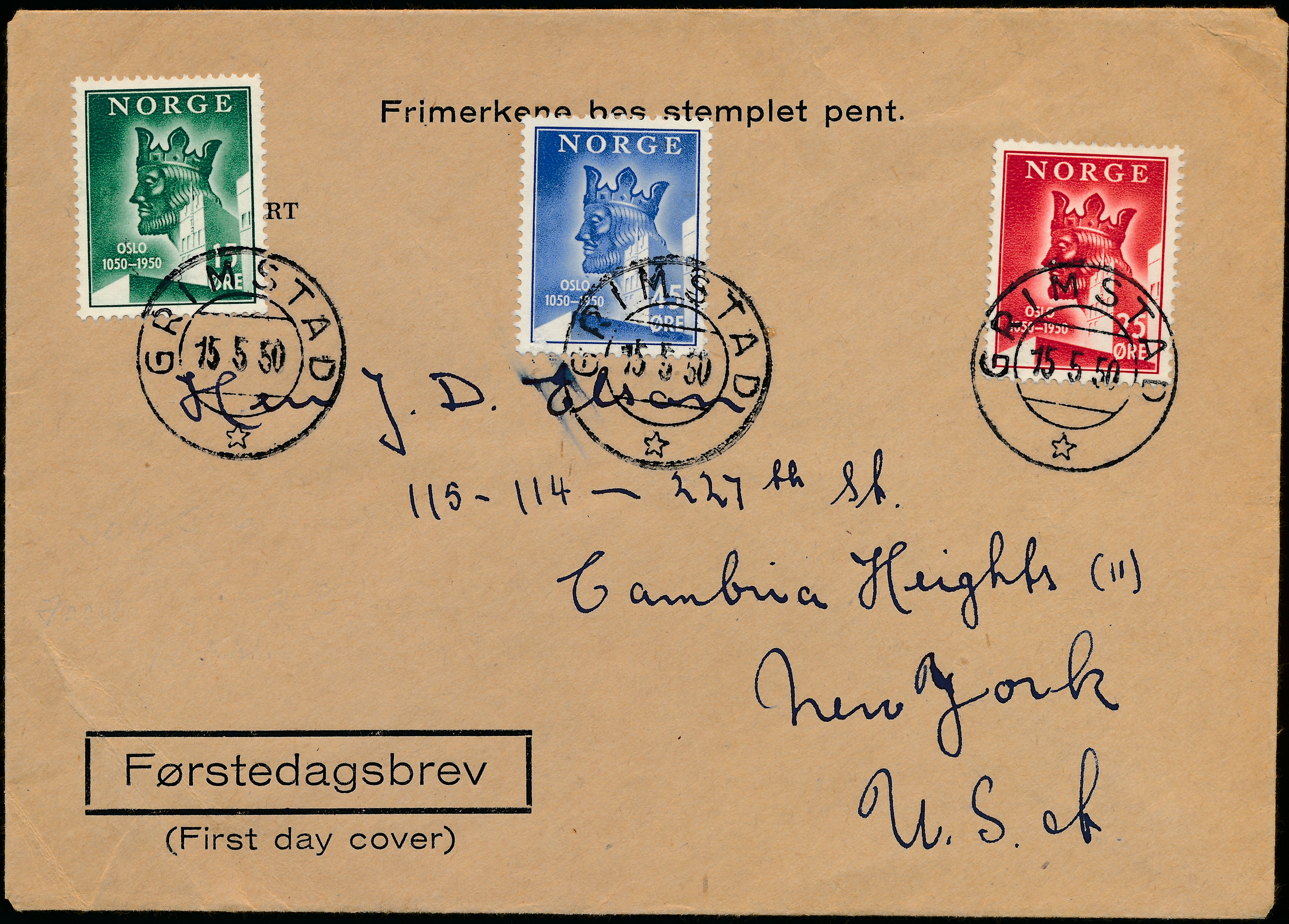 FDC 1950 NK383-NK385 tekstvignett 2 Grimstad