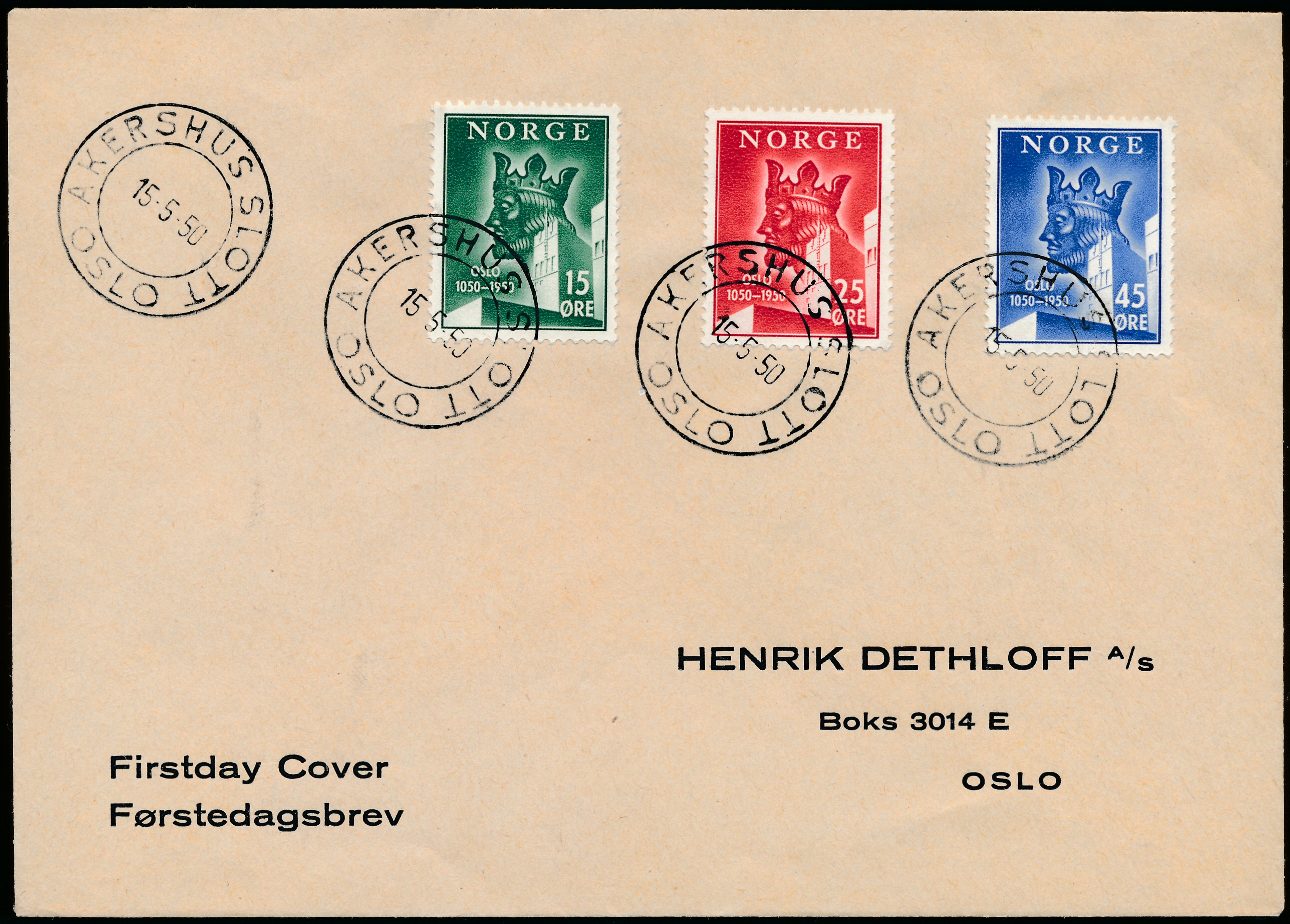 FDC 1950 NK383-NK385 tekstvignett 3 Oslo