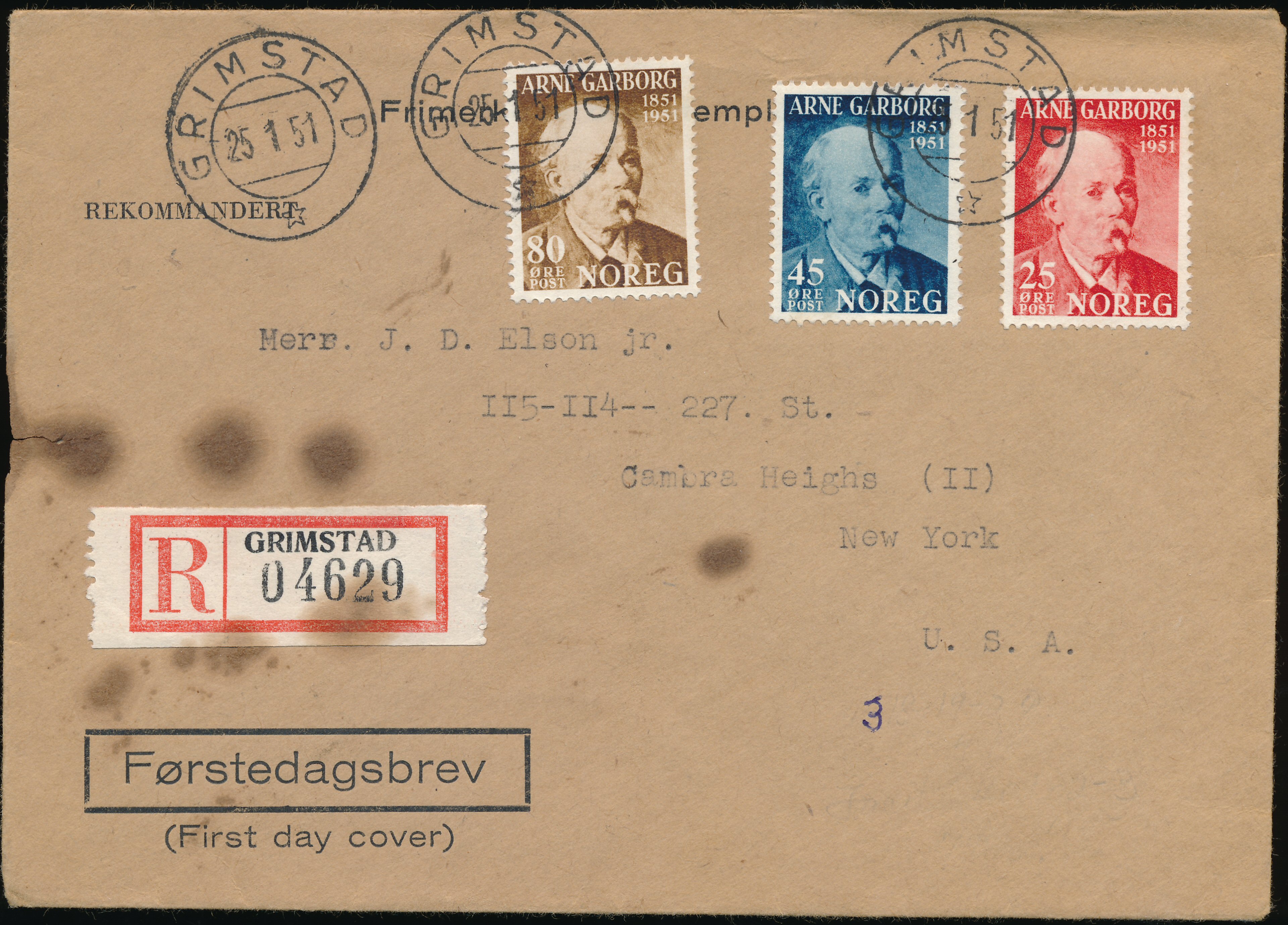 FDC 1951 NK404-NK406 tekstvignett 2 Grimstad REK