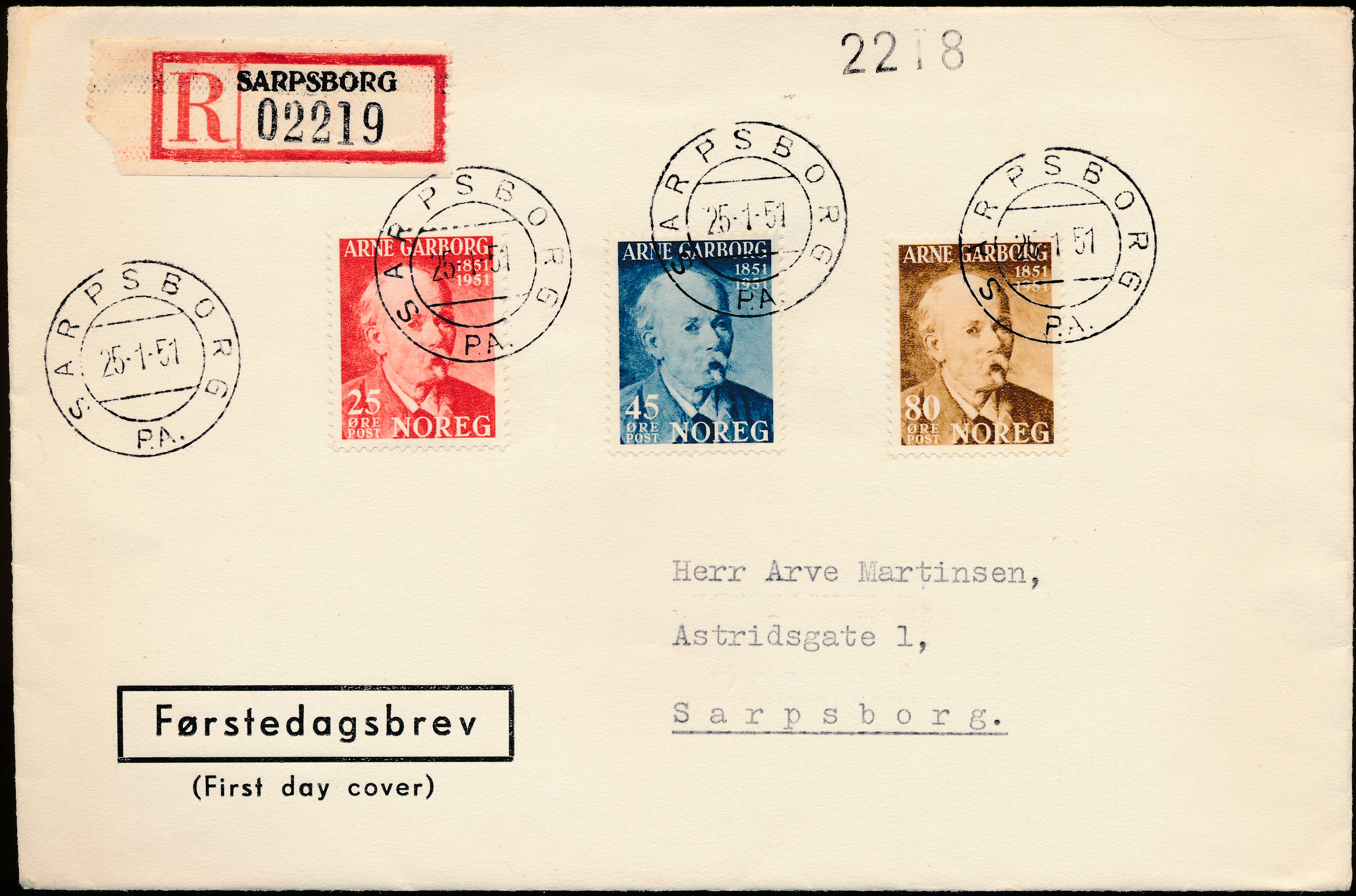 FDC 1951 NK404-NK406 tekstvignett 3 Sarpsborg REK