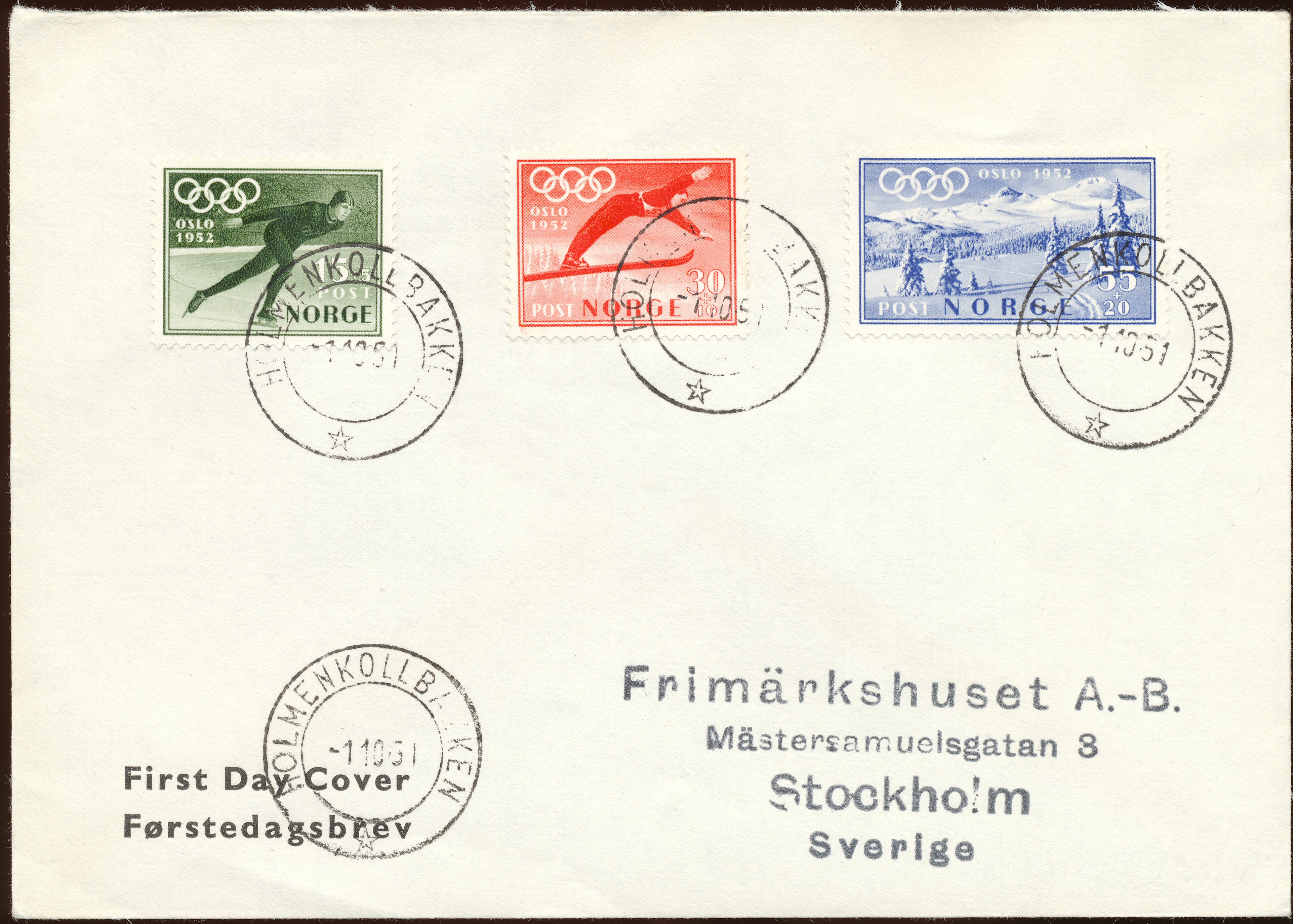 FDC 1951 NK407-NK409 tekstvignett 1 Holmenkollbakken