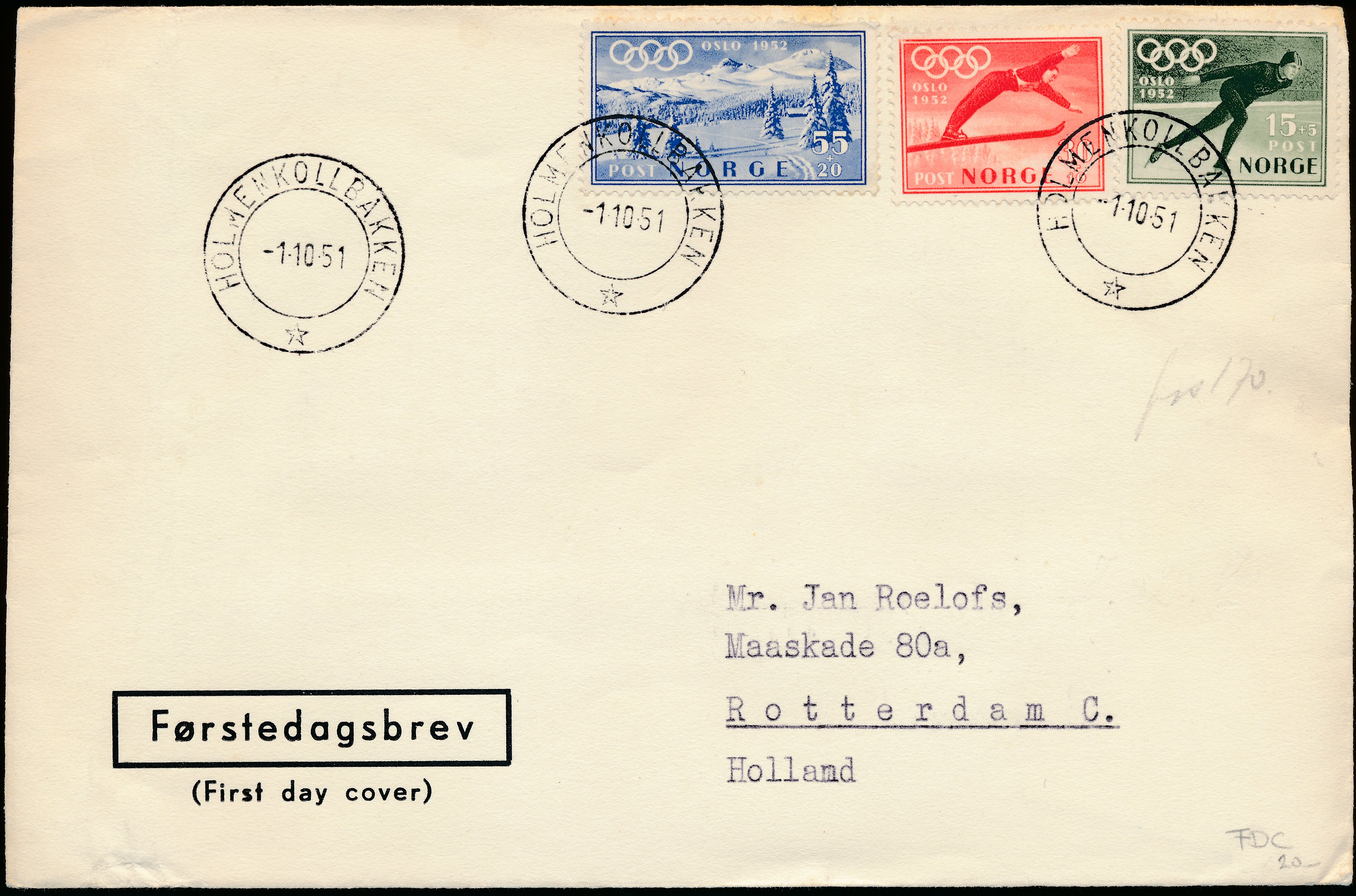 FDC 1951 NK407-NK409 tekstvignett 2 Holmenkollbakken