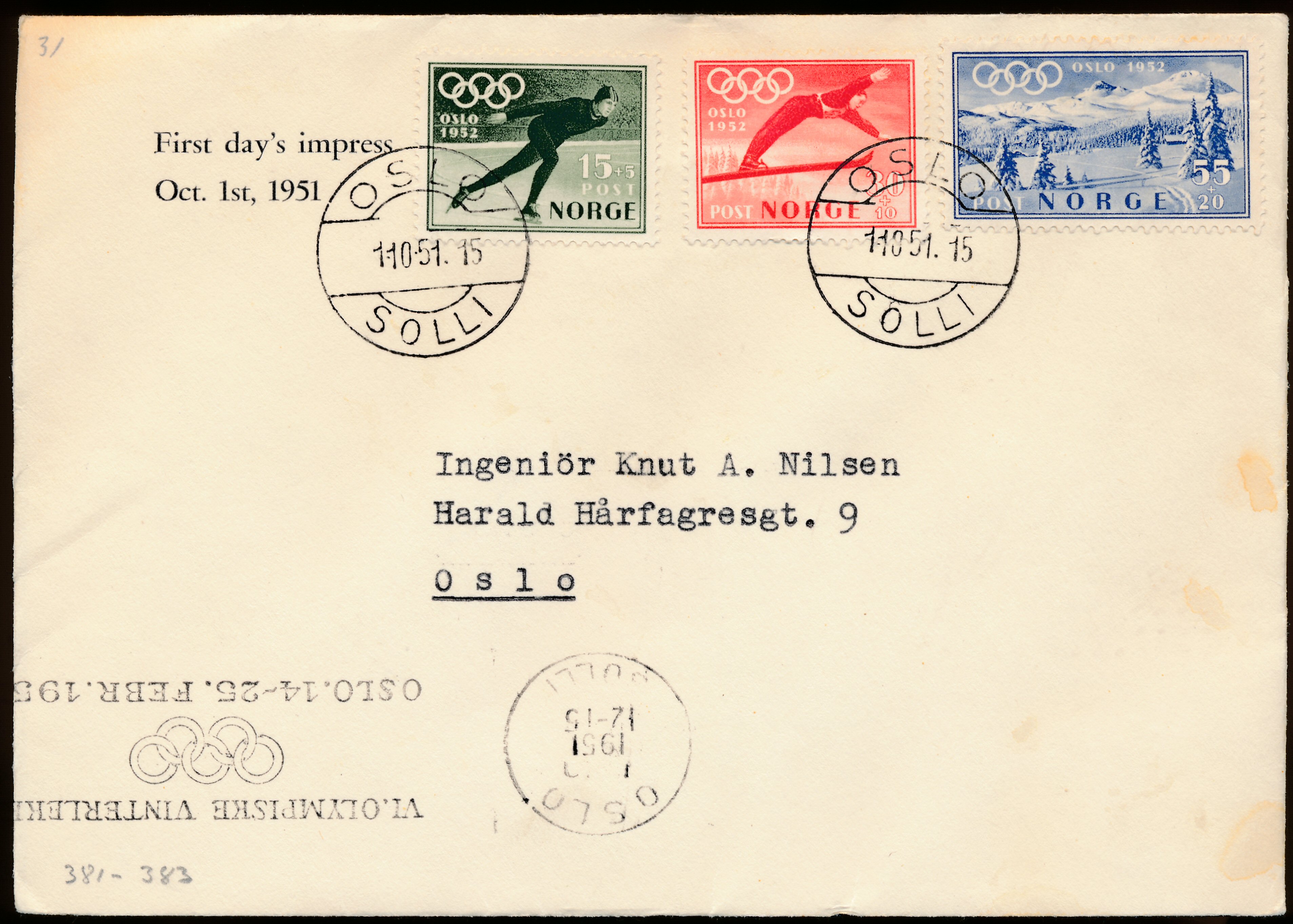 FDC 1951 NK407-NK409 tekstvignett 4 Oslo