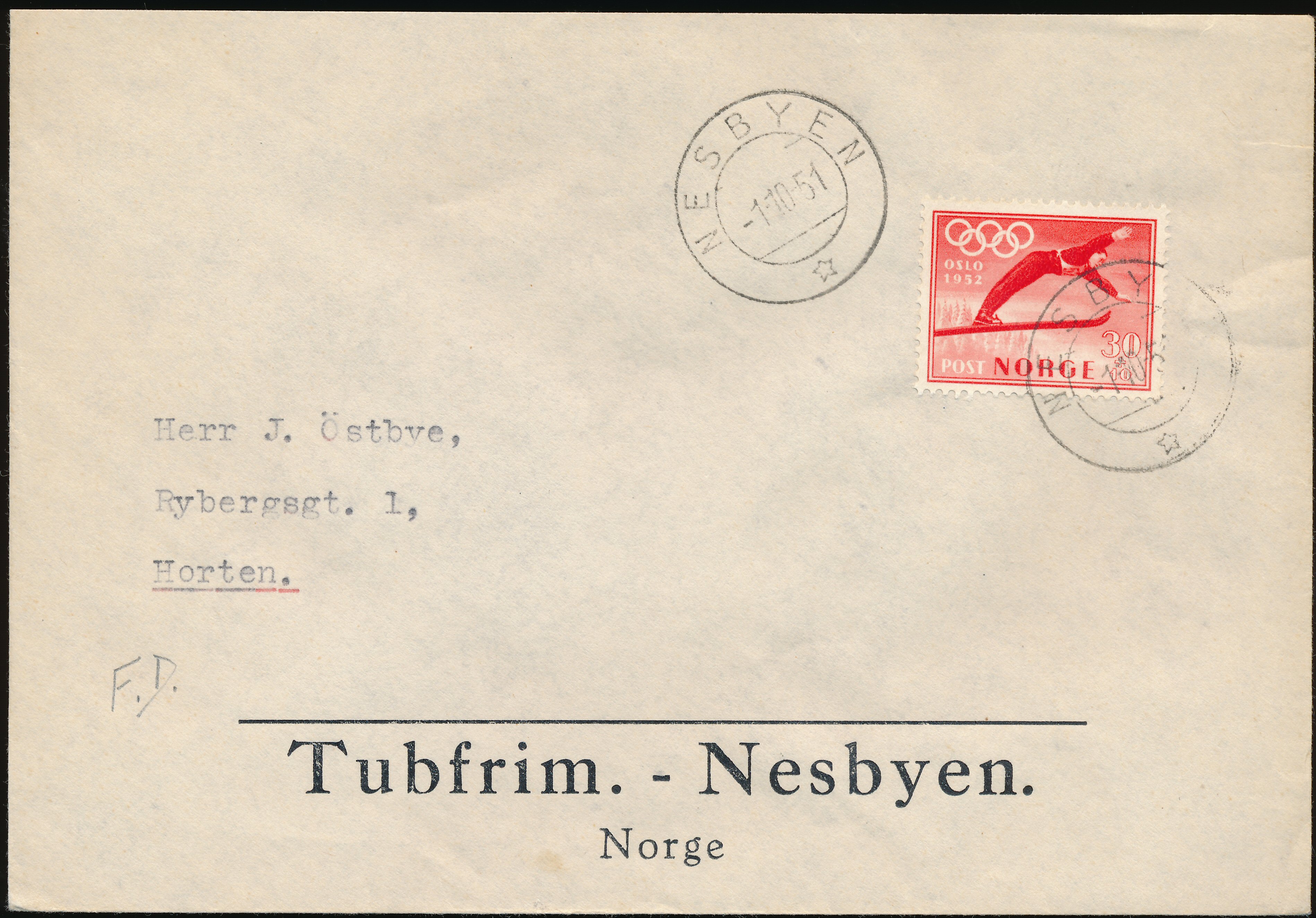 FDC 1951 NK408 tekstvignett 3 Nesbyen