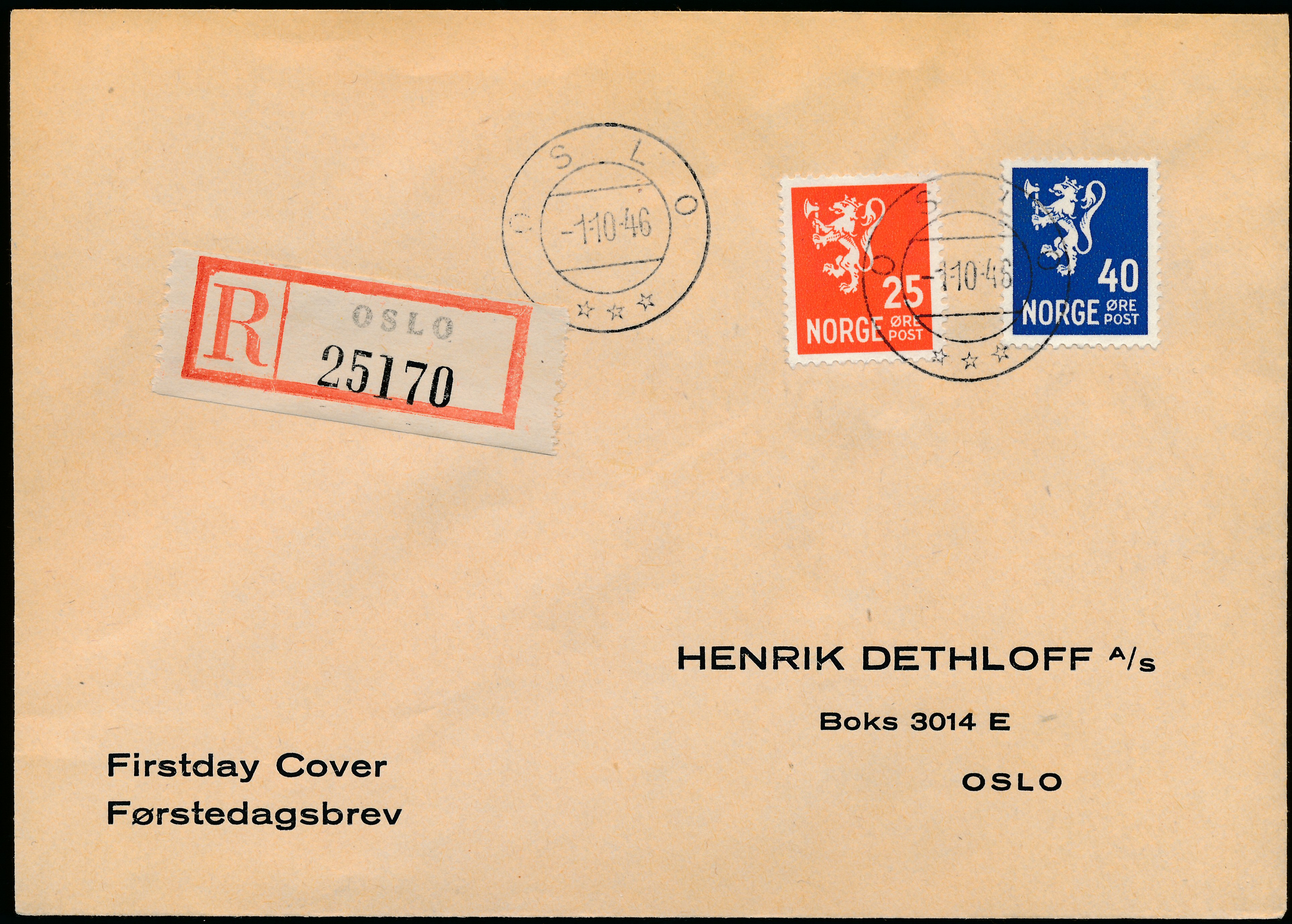 FDC 1946 NK354-NK356 tekstvignett 3 Oslo REK