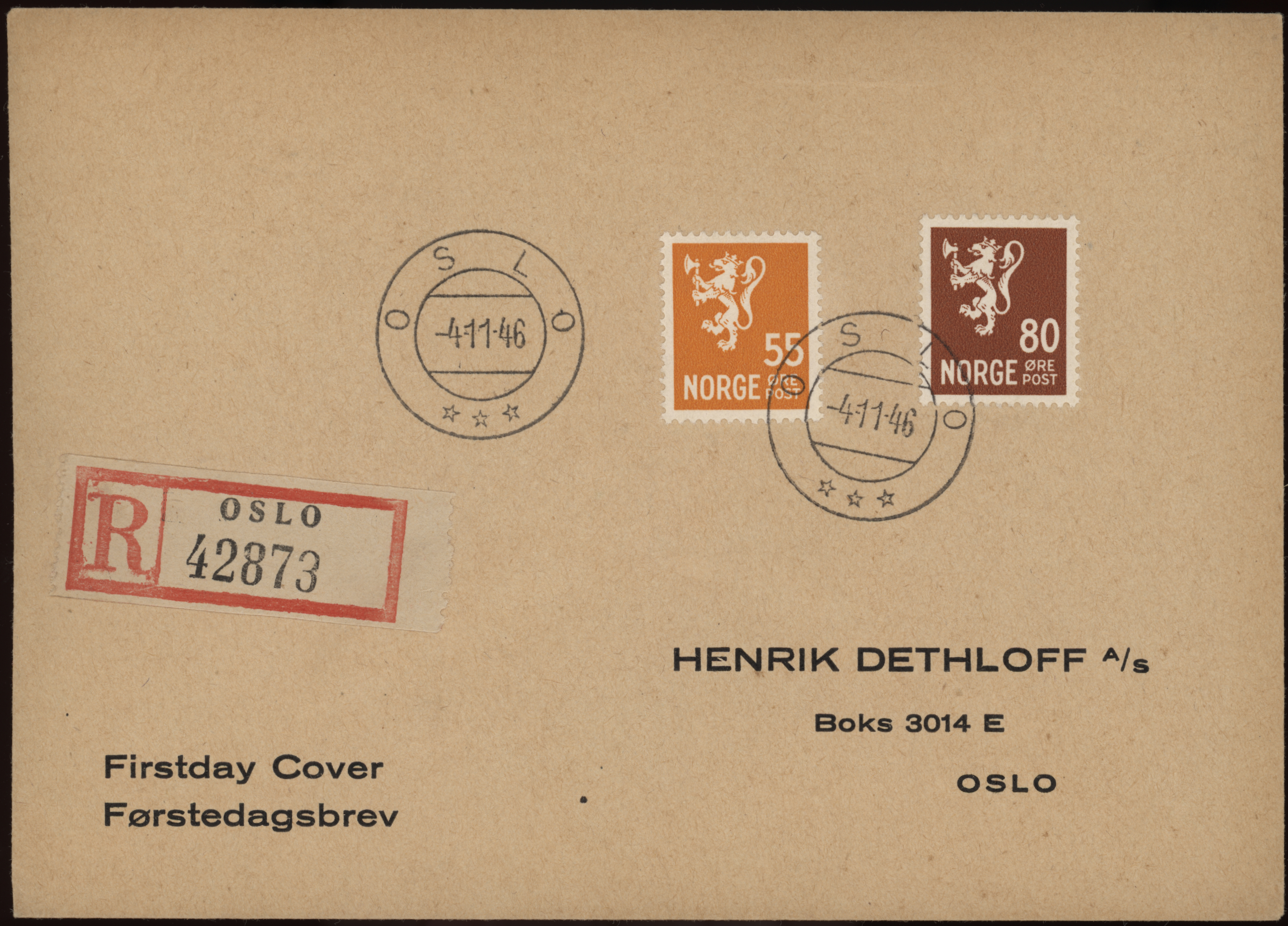 FDC 1946 NK357-NK358 tekstvignett 2 Oslo REK