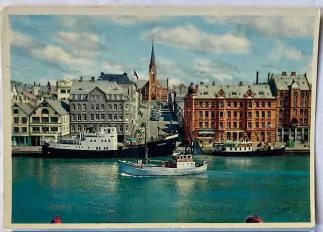 Haugesund med båt Stolmen ved kai br. 1962