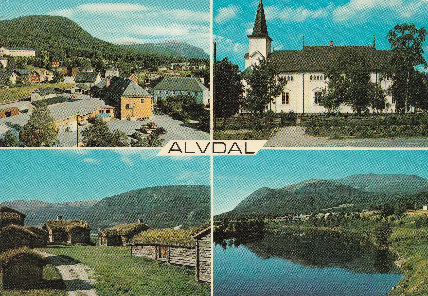 Østerdalen . Alvdal sentrum -Alvdal kirke Husantunet - Glåma og Tronfjell . Alvdal Fotoatelier 5386 Pst