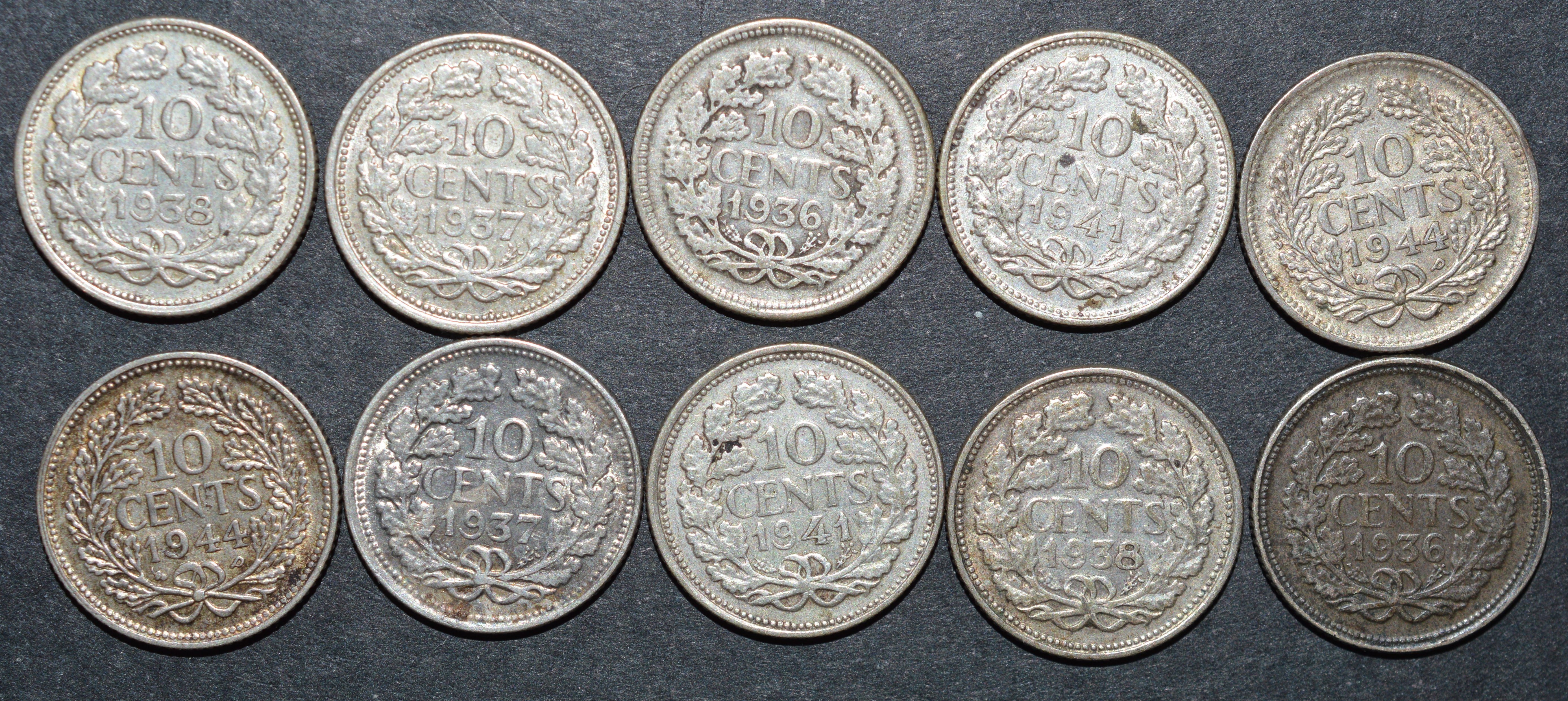 NorCollect:  Nederland 10 x 10 Cents 1936-44  Sølv