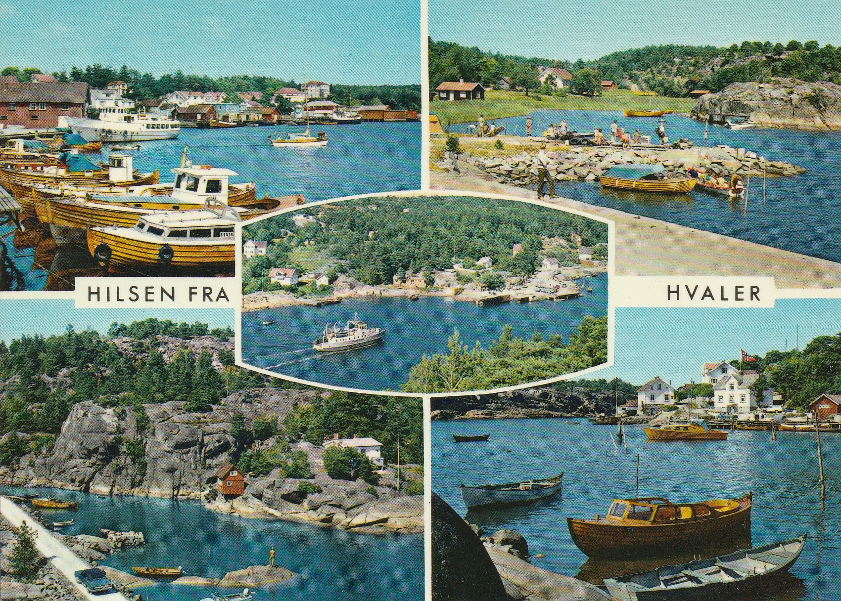 Hilsen fra Hvaler . Skjærhalden , Urdal . Ed, Bøllingshavn. Fergen ved Korshavn i sentrum.  Aune M-4052-9