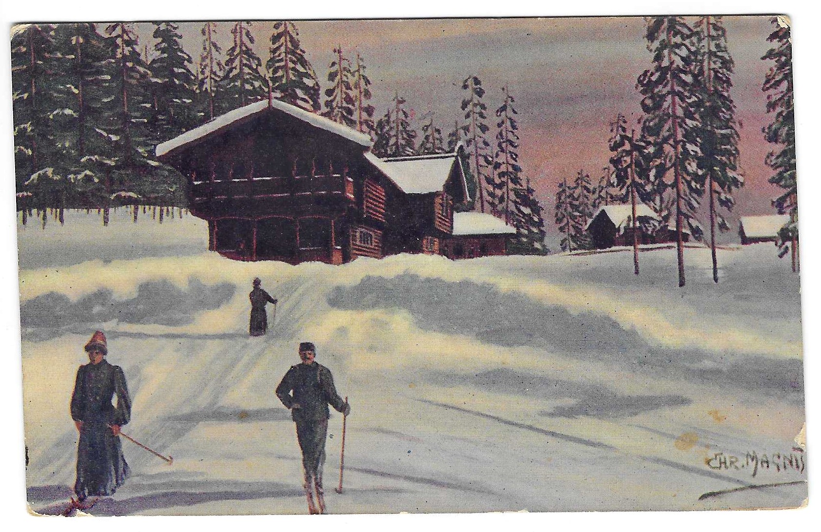 Folk på ski ved tømmerhus.Holmenkollen?  Sign. Chr. Magnus.