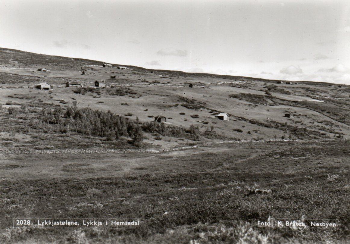 Hemsedal. Lykkjastølene med noen hytter.