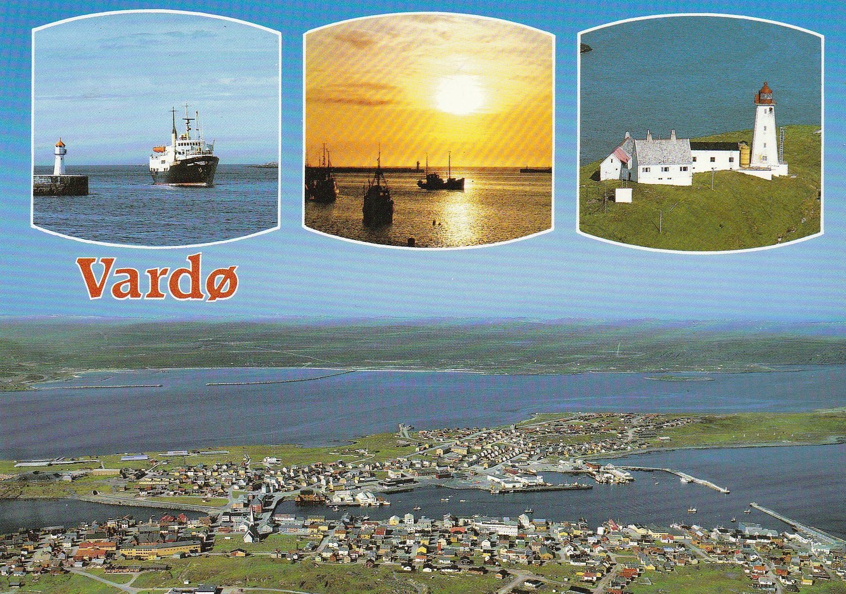 Vardø . Bussesundet og Svartnes sett fra fly Innfelt over : Hurtigruta , midnattsol over Vardø havn og Vardø fyr.. Aune M-11609-5