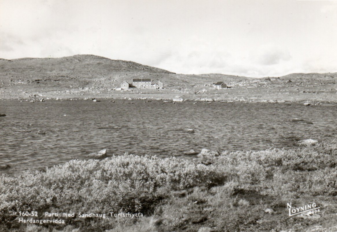 Sandhaug turisthytte. Løyning-kort. Stmp. Sandhaug på Hardangervidda.