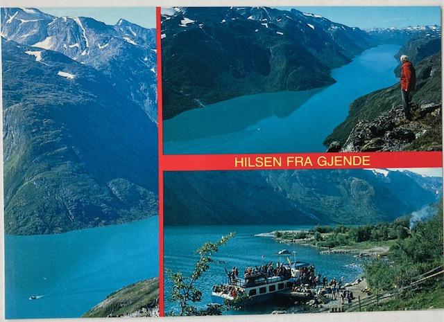 Hilsen fra GJENDE 3 motiver masse folk med båten