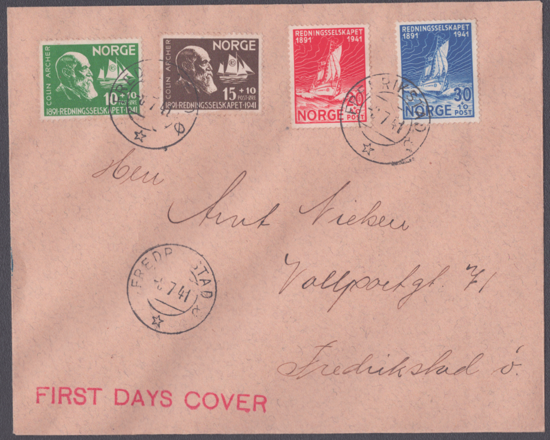 FDC 1941 NK255-NK258 stempelvignett 6 Fredrikstad