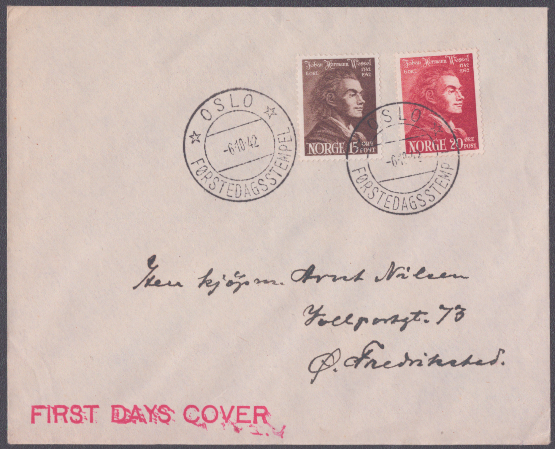 FDC 1942 NK307-NK308 stempelvignett 10