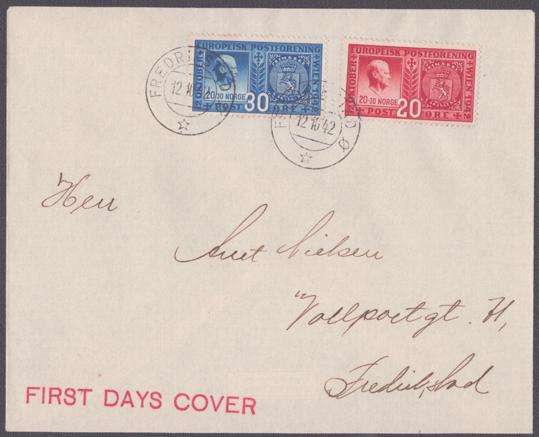 FDC 1942 NK309-NK310 stempelvignett 8 Fredrikstad