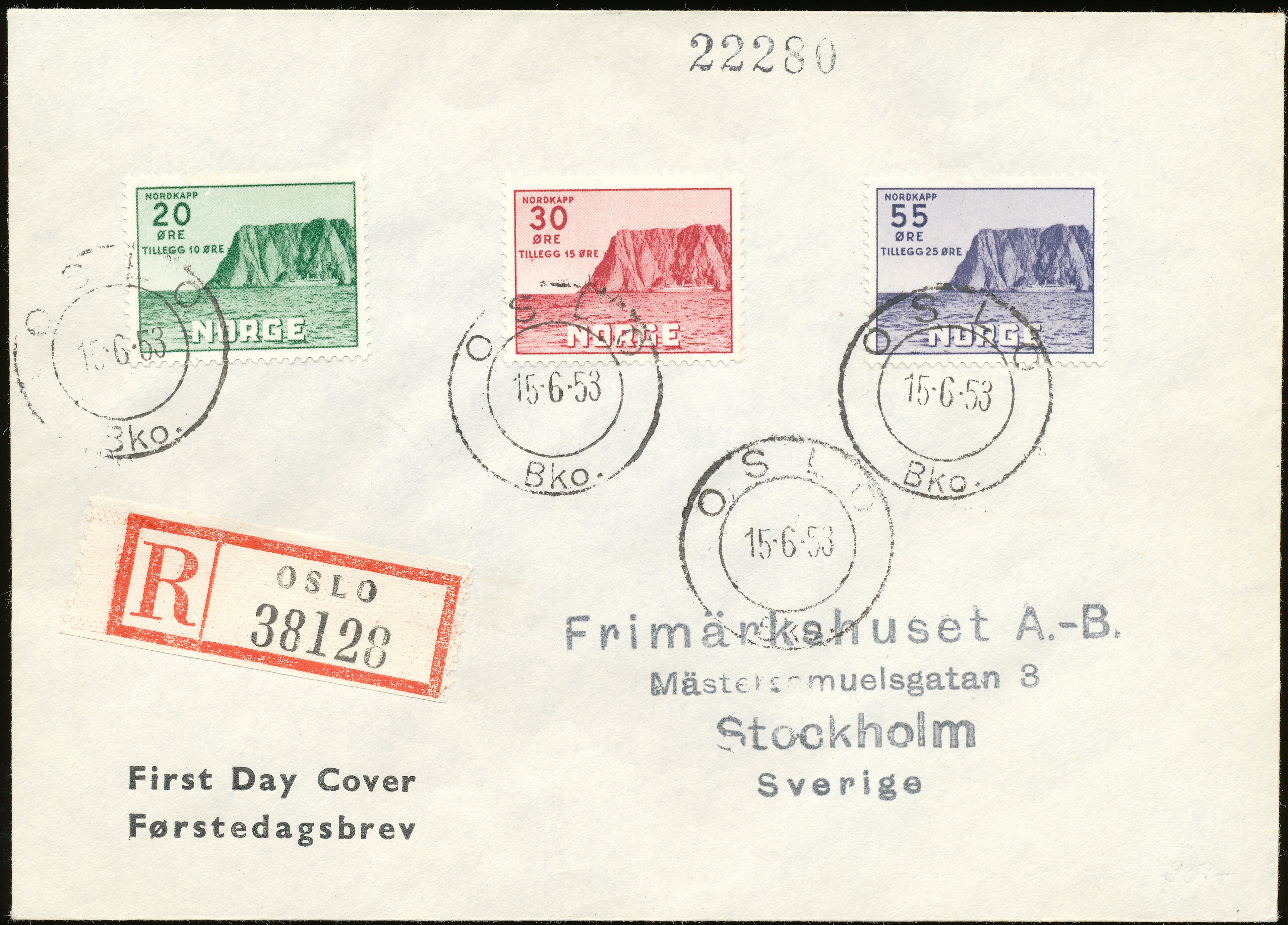 FDC 1953 NK415-NK417 tekstvignett 1 Oslo REK