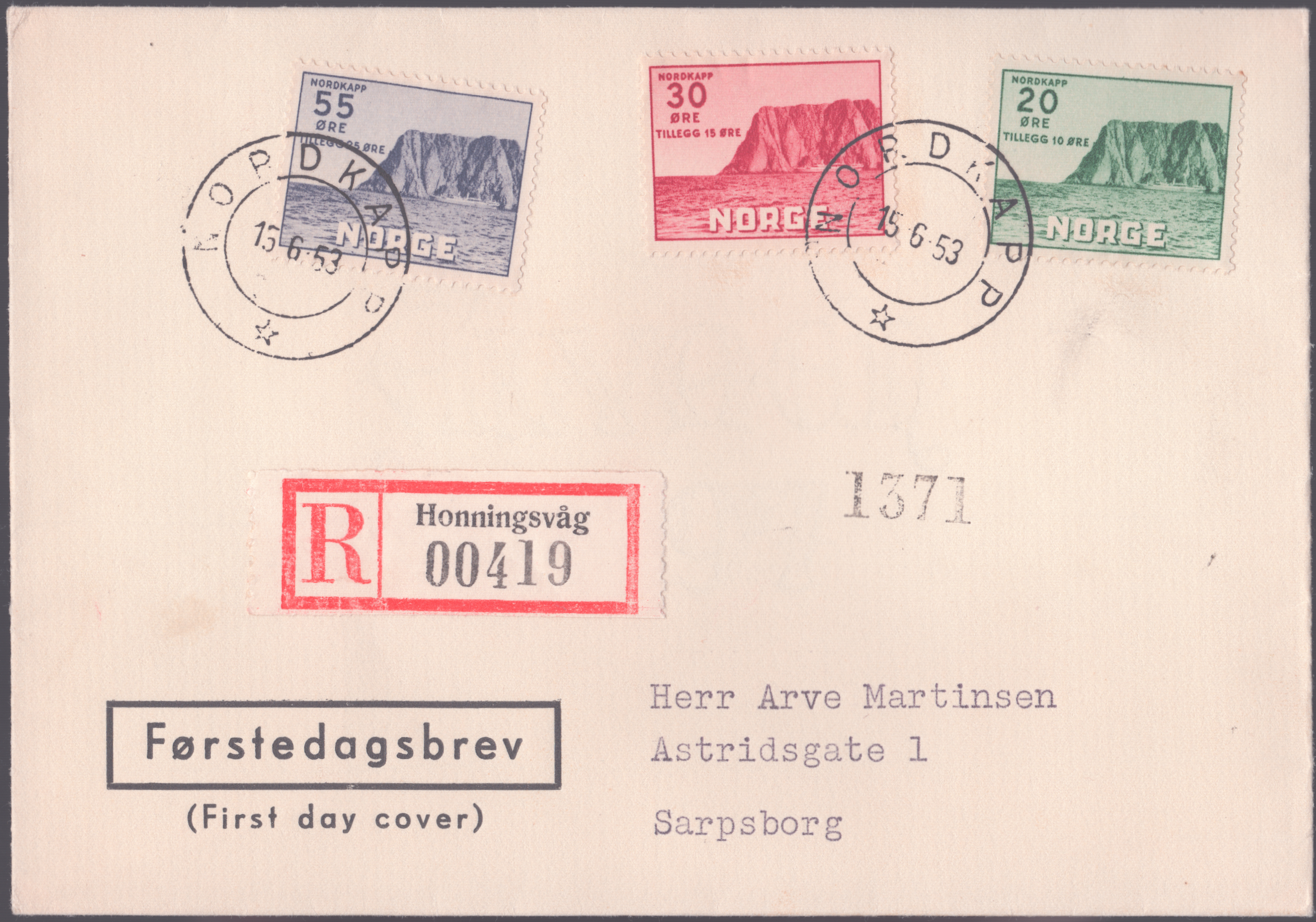 FDC 1953 NK415-NK417 tekstvignett 3 Nordkapp REK