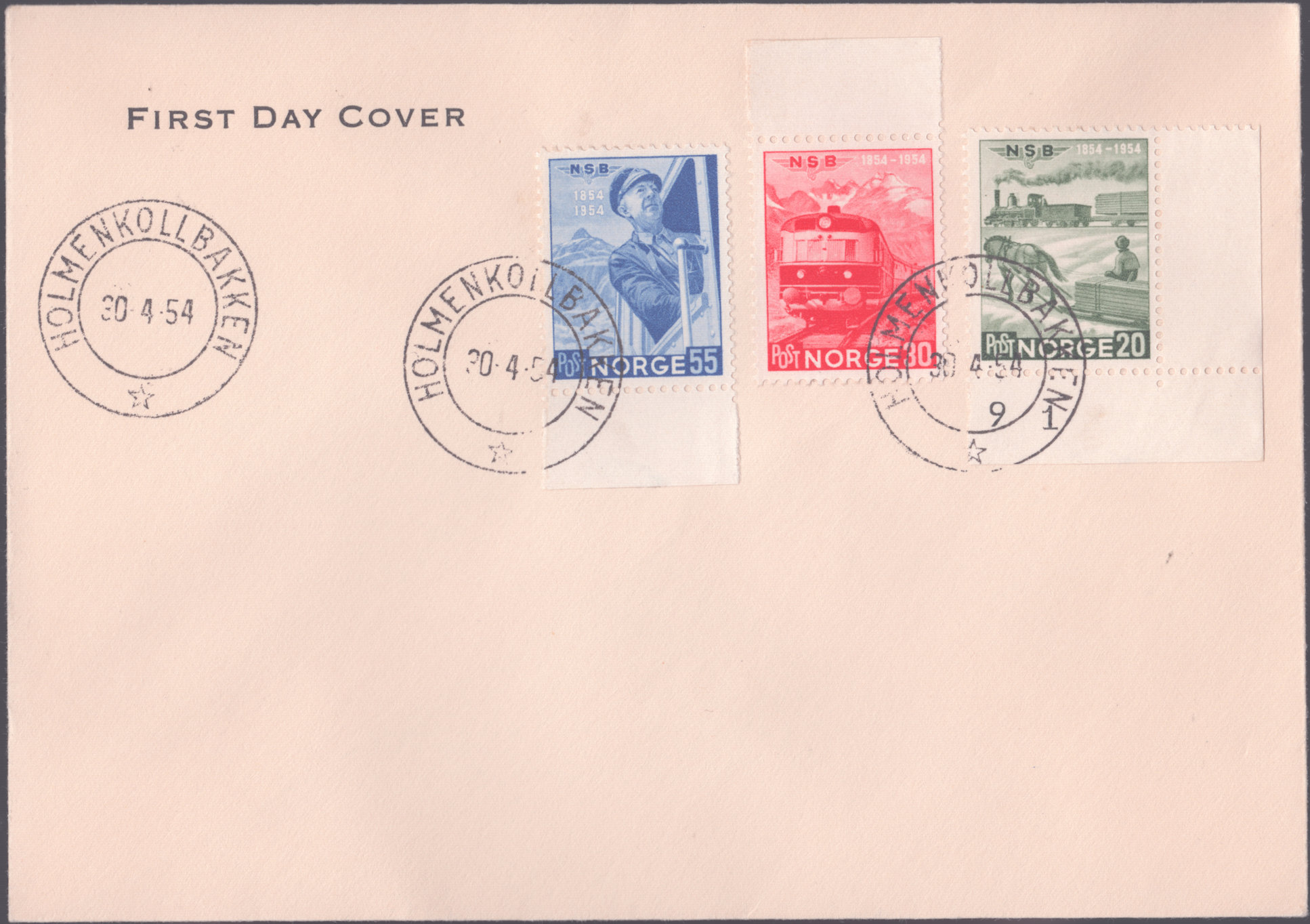 FDC 1954 NK419-NK421 tekstvignett 3 Holmenkollbakken