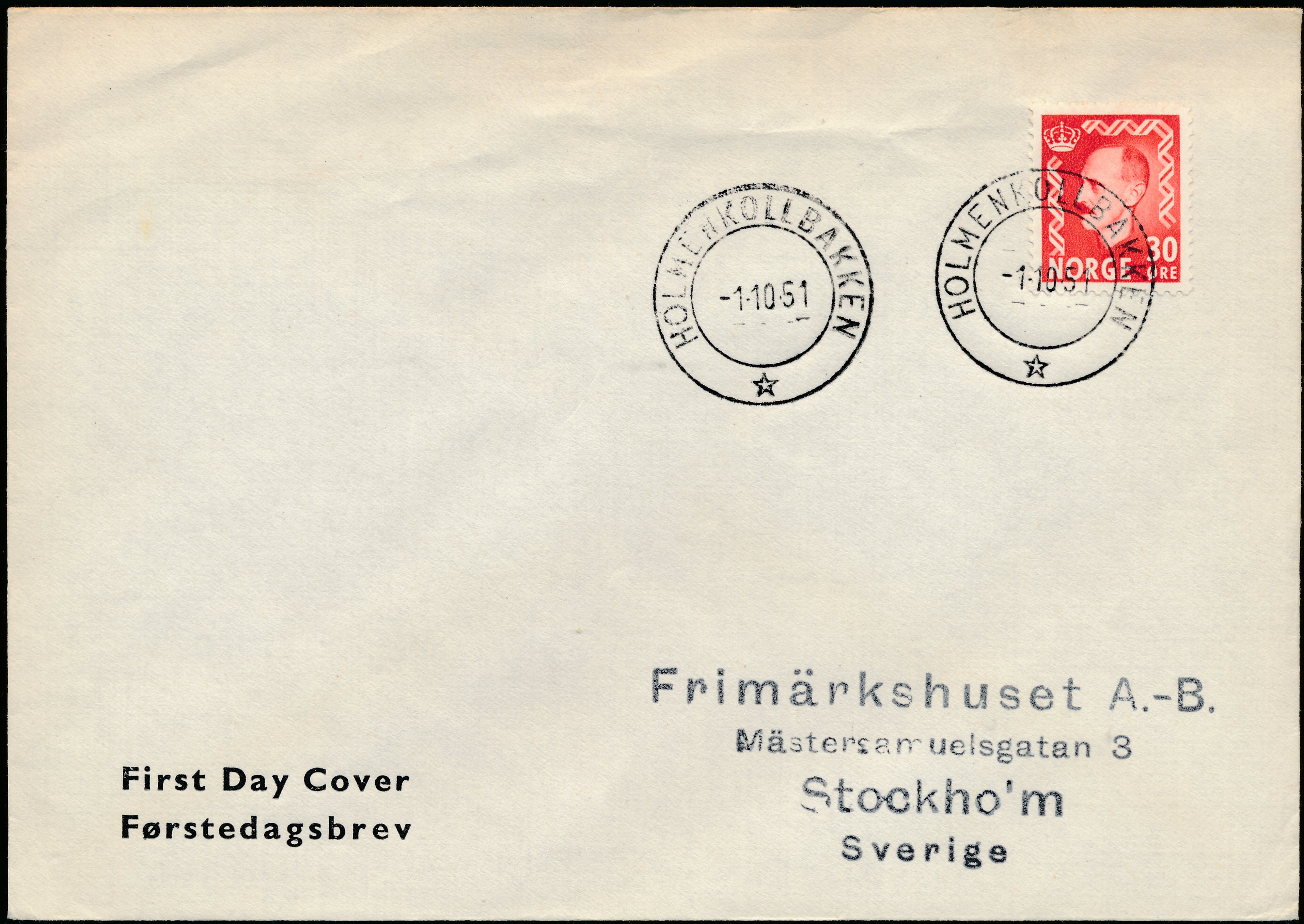 FDC 1951 NK396 tekstvignett 1 Holmenkollbakken
