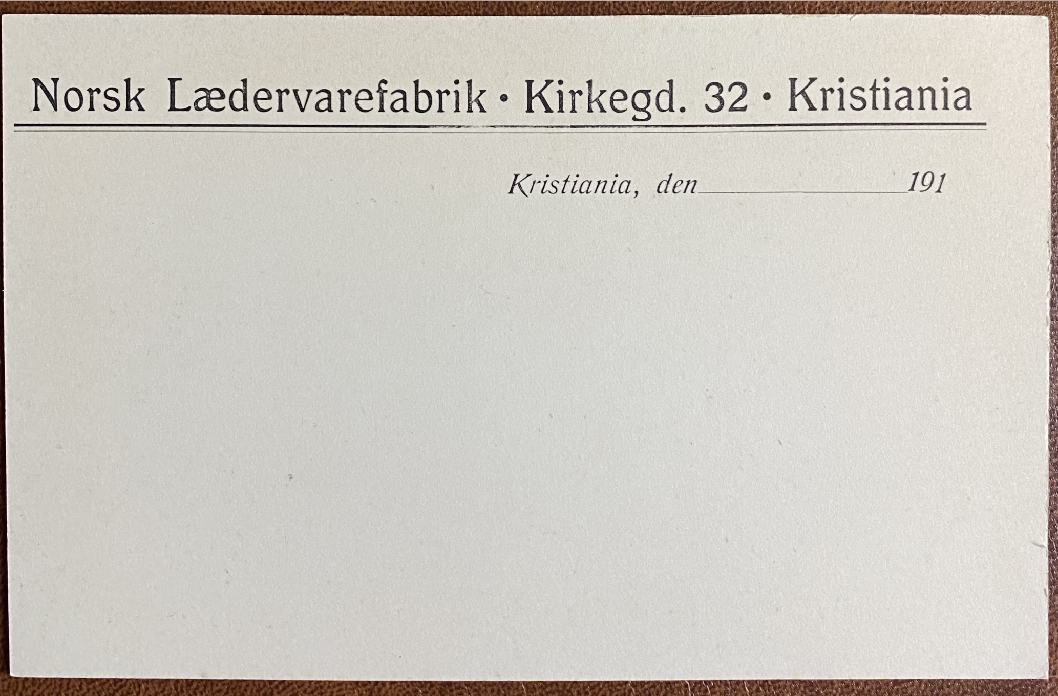 Kort Kristiania Norsk Lædervarefabrik Kirkegd.32 Ubrukt