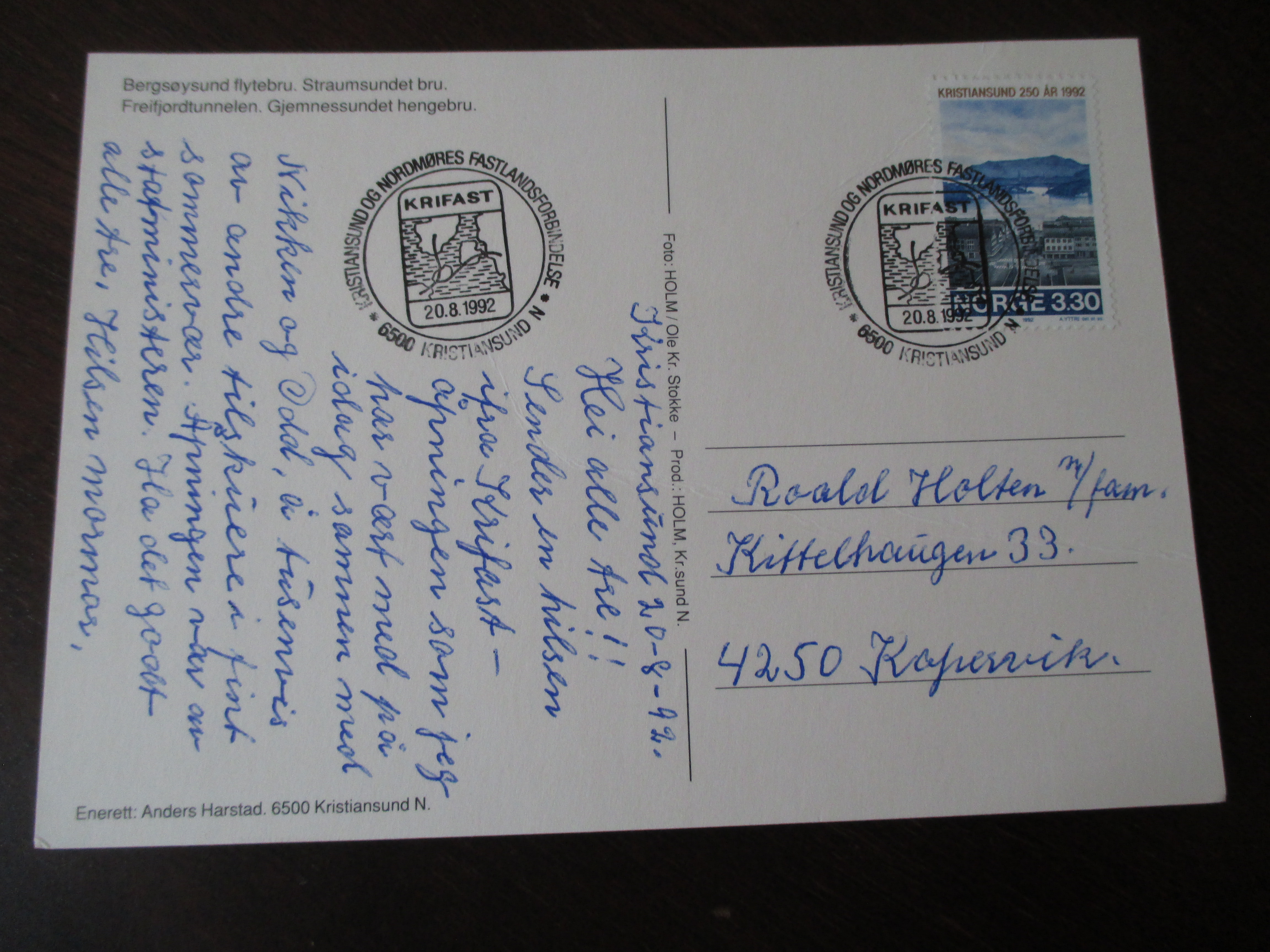 Postkort st. ''Krifast'' 20.08.1992. Særstempel.