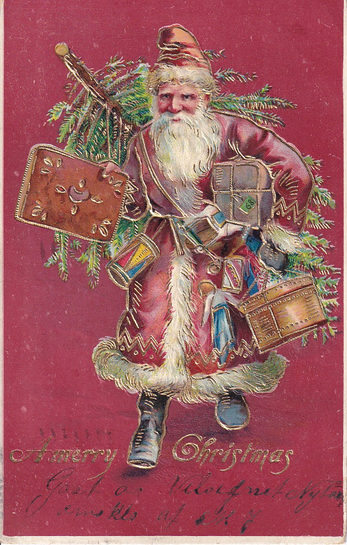 USA. Julekort. Flott nisse med pakker