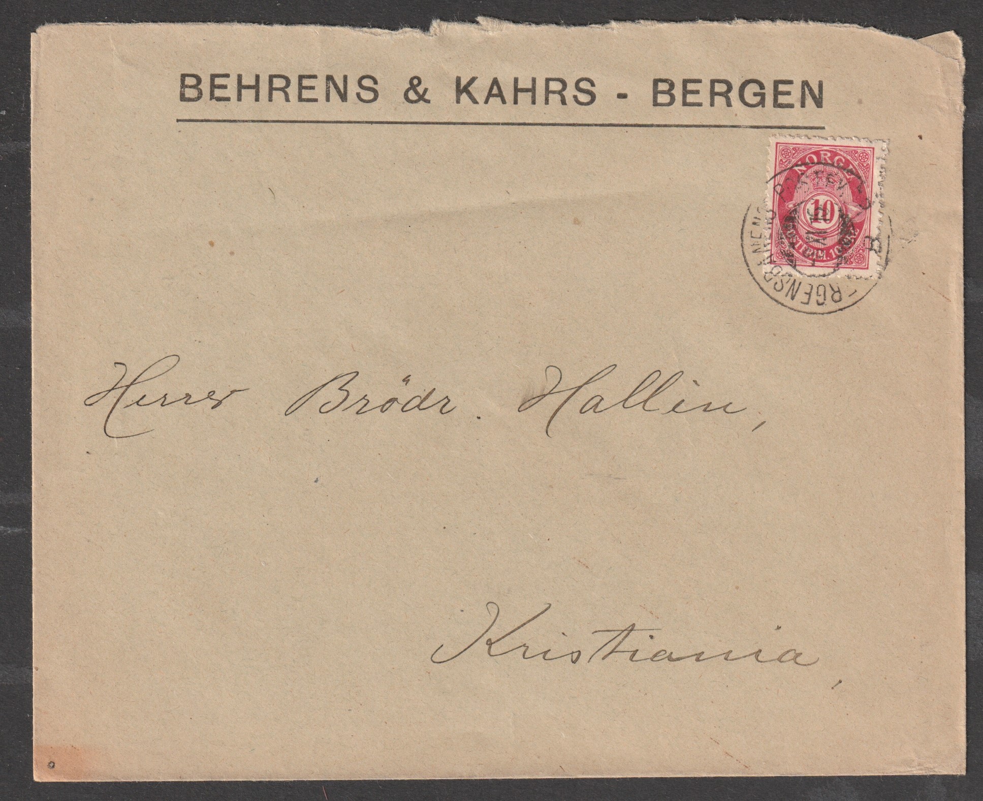 Firmabrev Behrens & Kahrs - Bergensbanens Posteksp. B 8 X 19