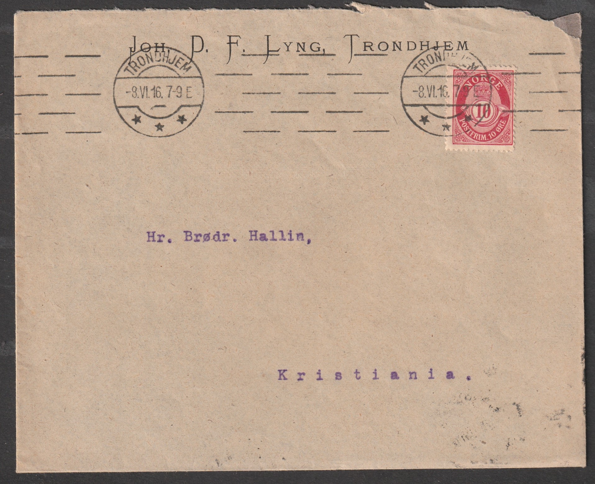 Firmabrev Joh. D. F. Lyng - Trondhjem 8 VI 16