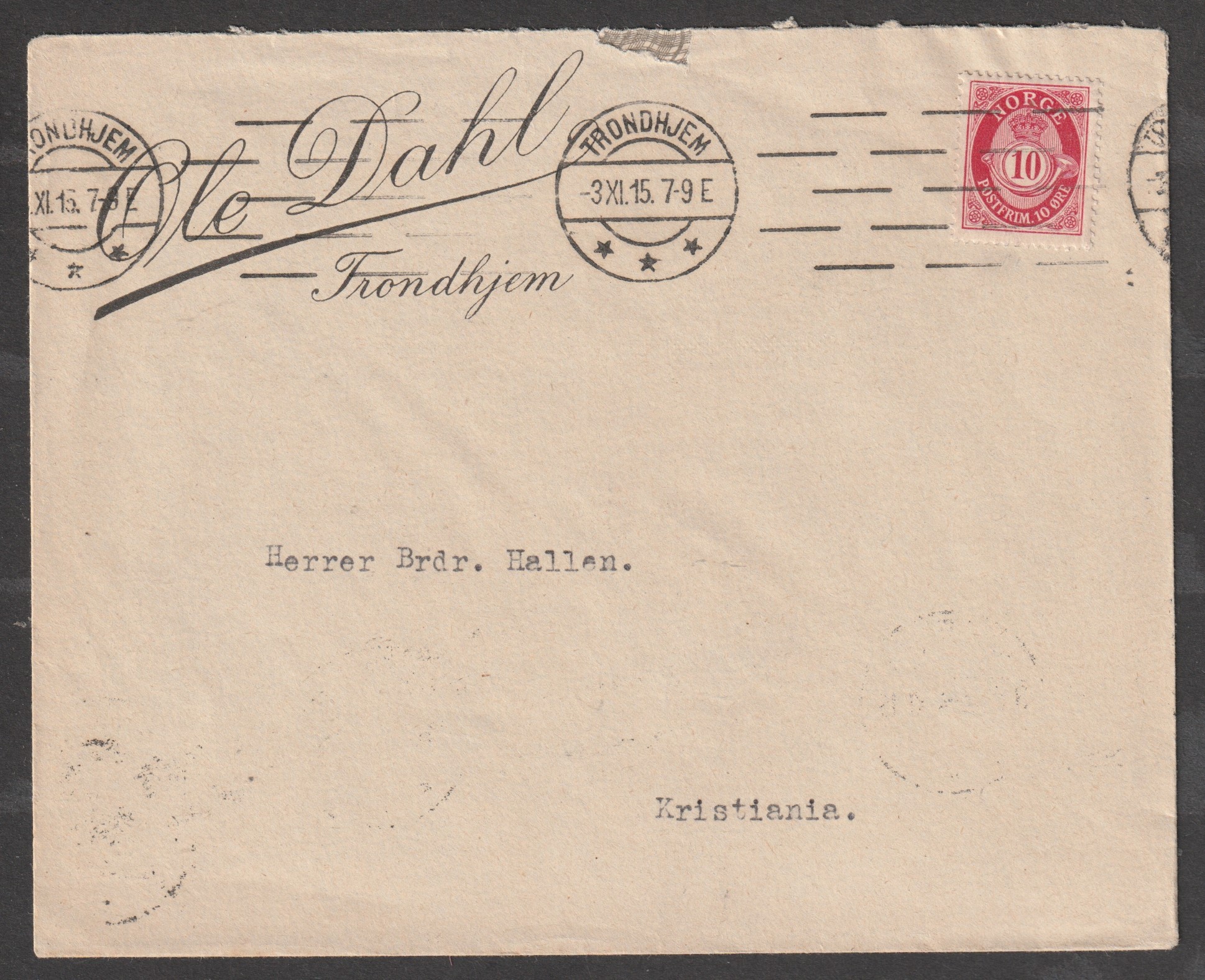 Firmabrev Ole Dahl - Trondhjem 3 XI 15