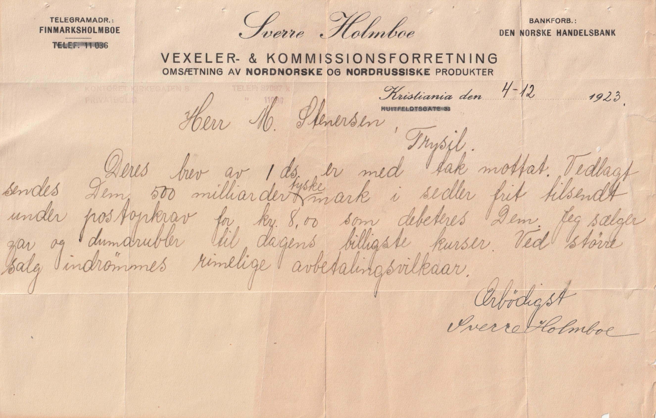 Bekreftelse 1923 på at 500 milliarder tyske Mark i sedler er sendt