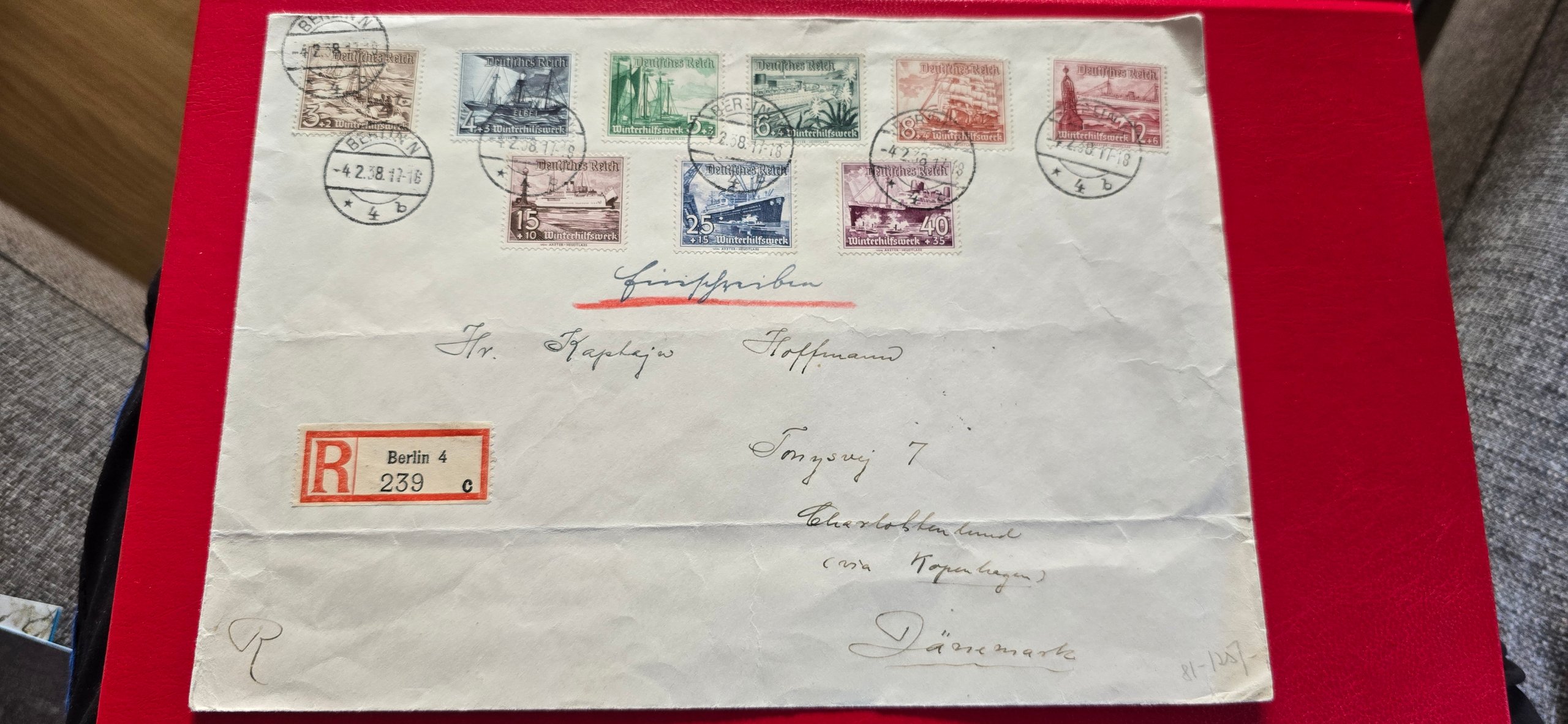 BERLIN 4.2.38 REKBREV MICHEL 651-9 T DANMARK
