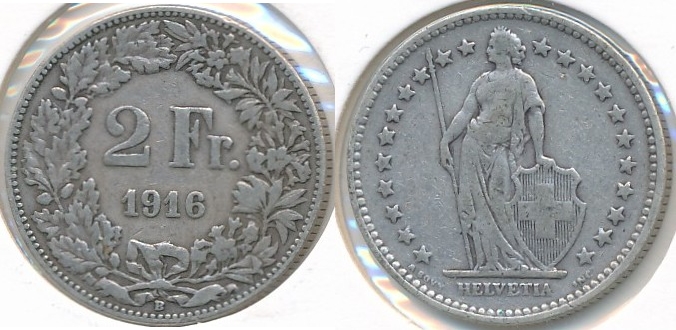 Sveits 2 francs 1916 sølv 835